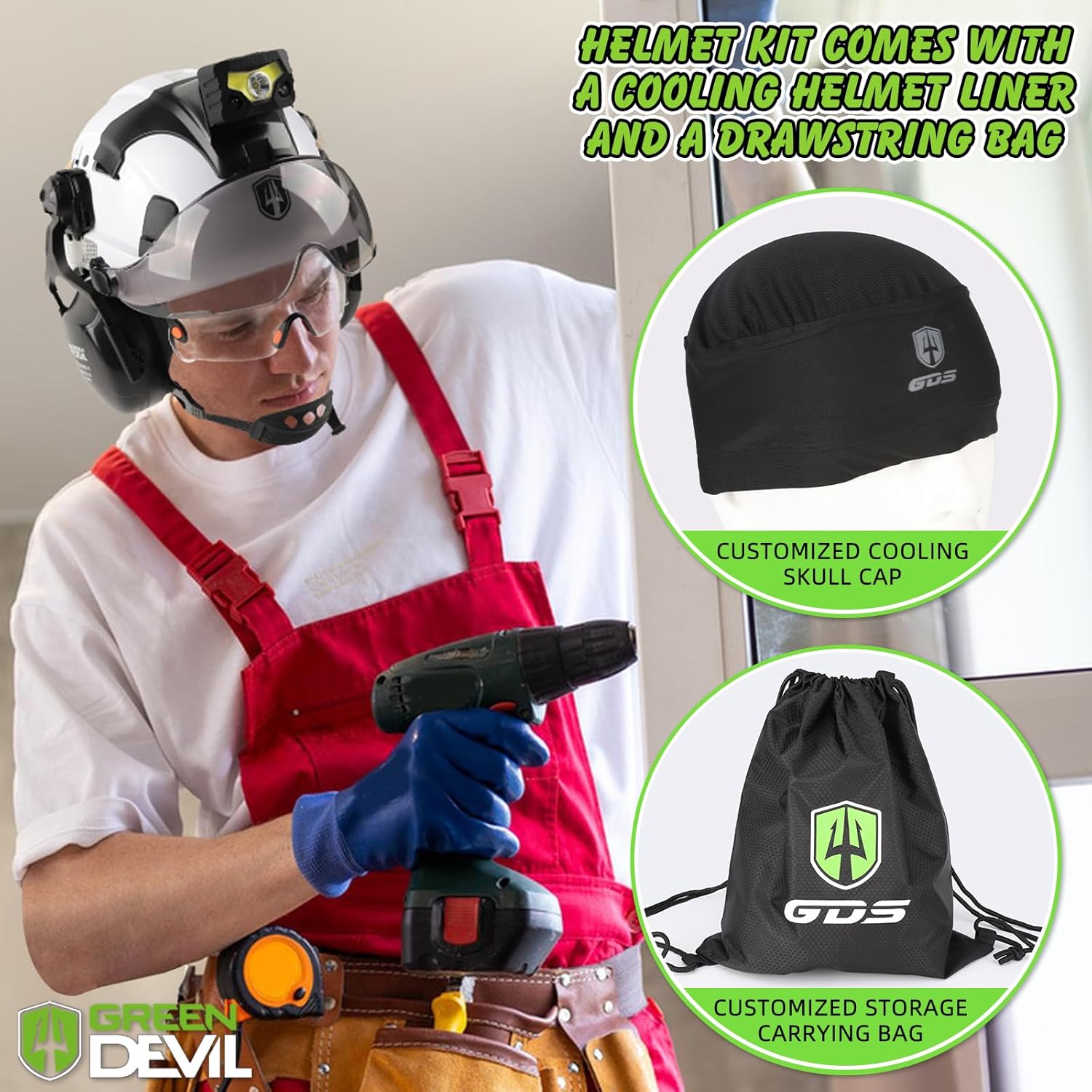 GREEN DEVIL Hard Hat Safety Helmet with Rechargeable Headlamp Light and Visor Ear Muffs Vented Work Hardhat ANSI Z89.1 Cascos De Construccion for Industrial Construction Forestry