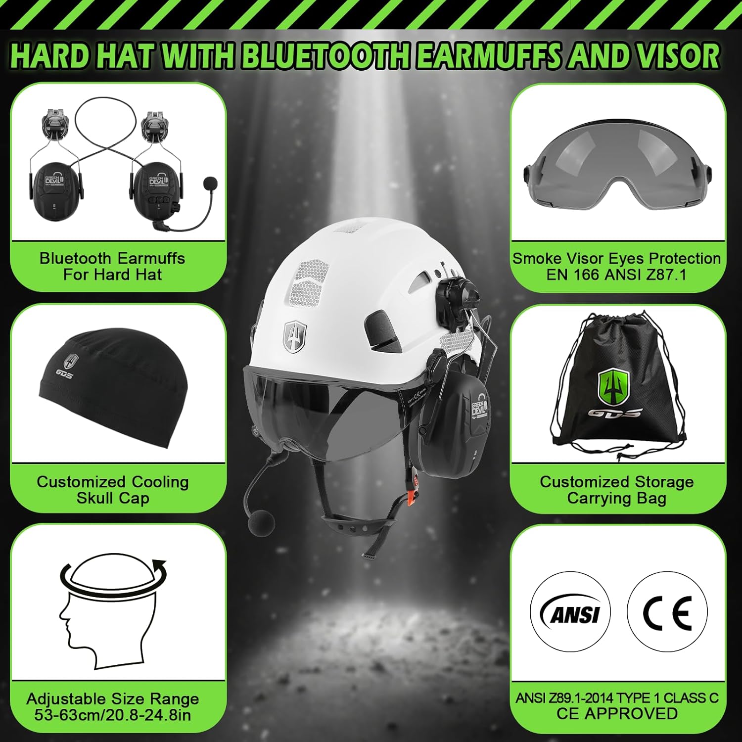 GREEN DEVIL Safety Helmet Hard Hat with Visor and Bluettoth Ear Muffs Vented Work Helmet for Men and Women ANSI Z89.1 Approved Hardhat Ideal for Industrial & Construction