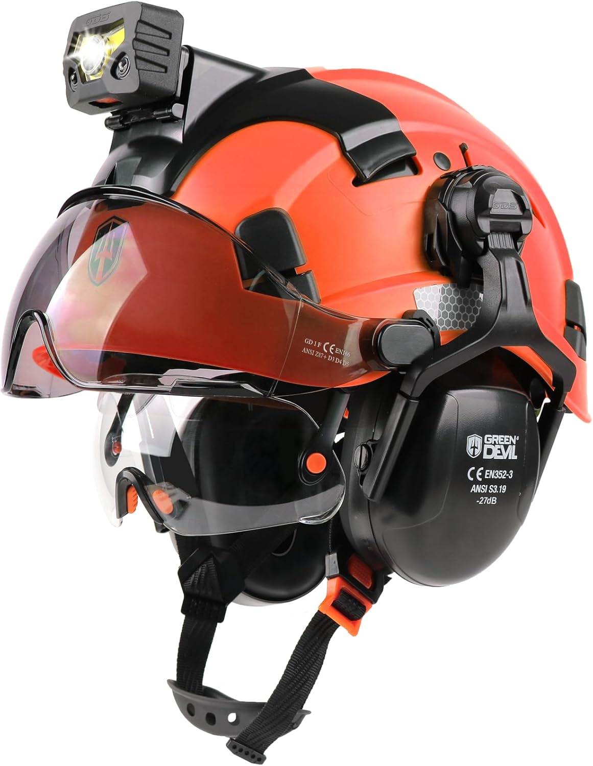 GREEN DEVIL Hard Hat Safety Helmet with Rechargeable Headlamp Light and Visor Ear Muffs Vented Work Hardhat ANSI Z89.1 Cascos De Construccion for Industrial Construction Forestry