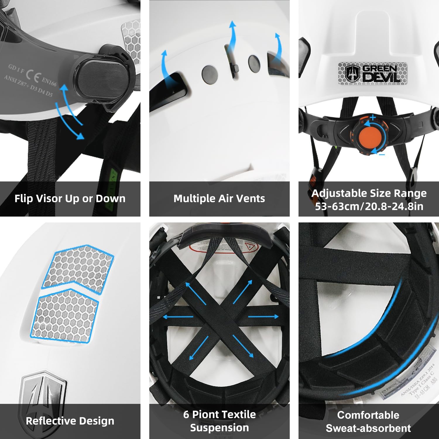 GREEN DEVIL Hard Hat Safety Helmet with Visor Bluetooth Ear Muffs and Headlamp 5 in 1 Full Protection Vented Work Hardhat ANSI Z89.1 Cascos De Construccion for Industrial Construction Forestry