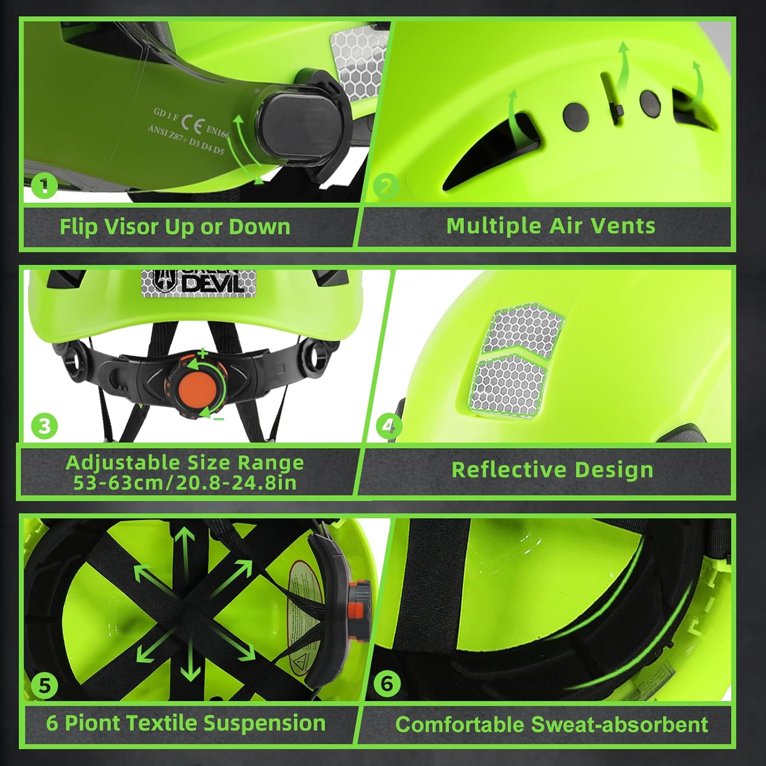 GREEN DEVIL Hard Hat Safety Helmet with Rechargeable Headlamp Light and Visor Ear Muffs Vented Work Hardhat ANSI Z89.1 Cascos De Construccion for Industrial Construction Forestry