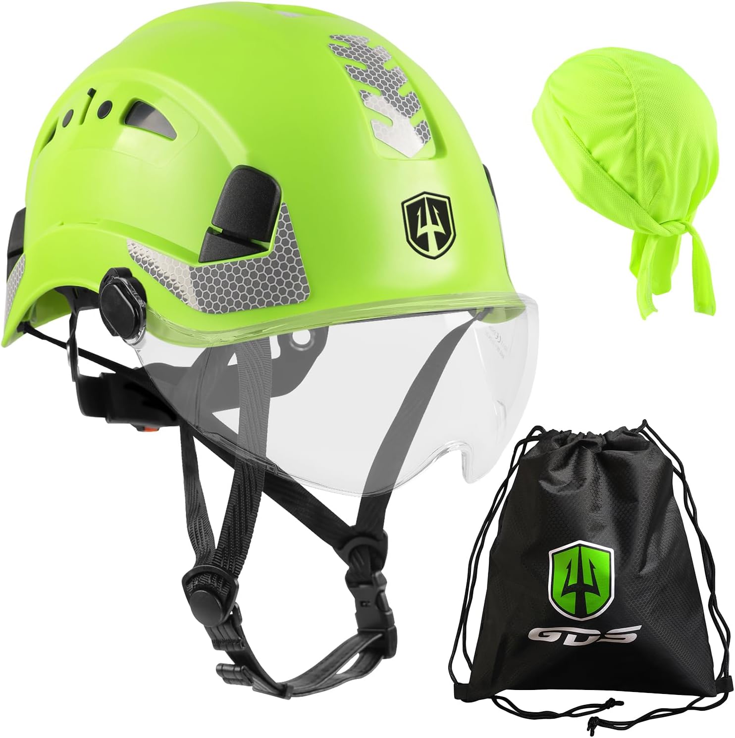 GREEN DEVIL Safety Helmet Hard Hat with visor and Chin Strap Vented Lightweight Adjustable Hardhat for Men Women with Hi-Viz Design Ideal for Tree Climbing Work at Height