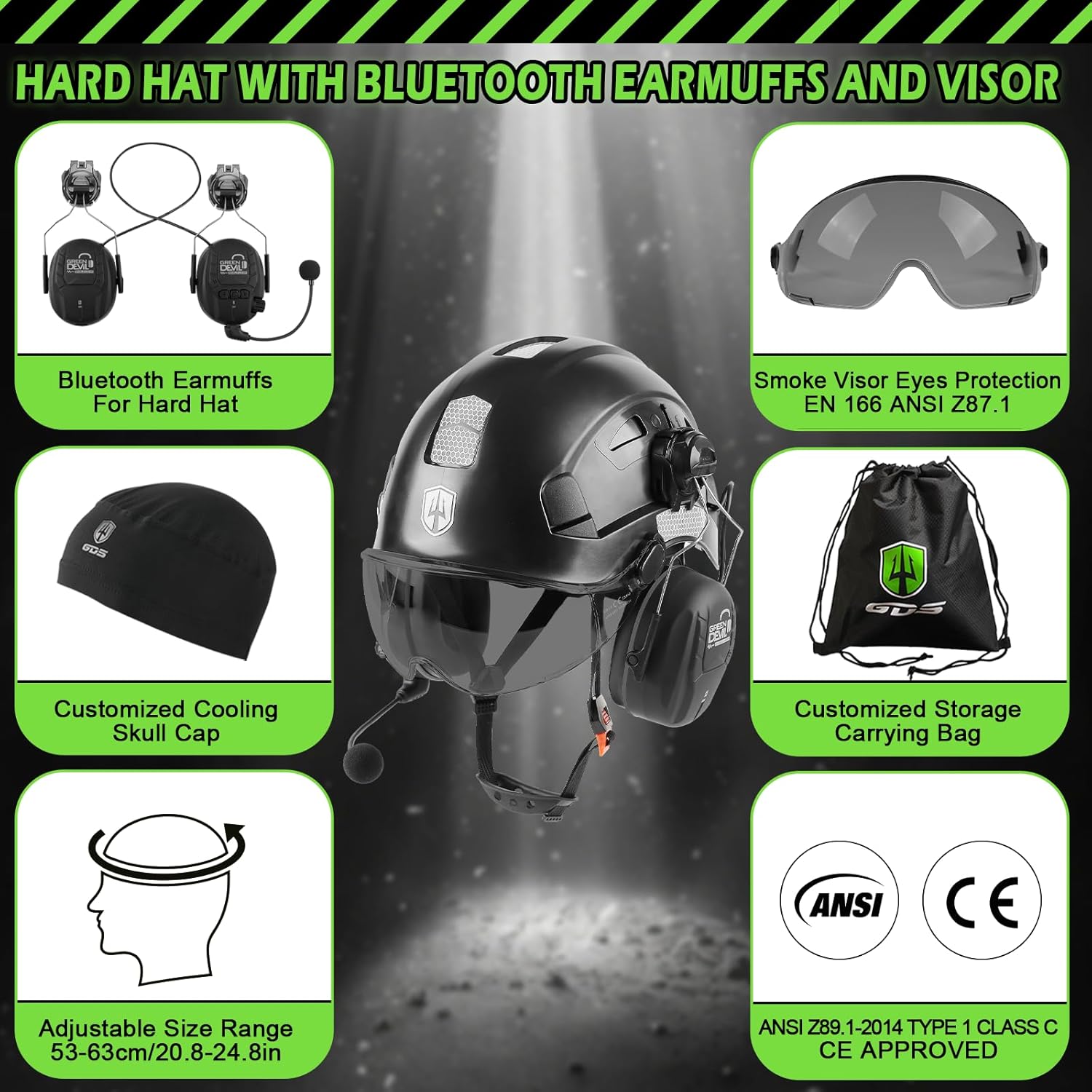 GREEN DEVIL Safety Helmet Hard Hat with Visor and Bluettoth Ear Muffs Vented Work Helmet for Men and Women ANSI Z89.1 Approved Hardhat Ideal for Industrial & Construction