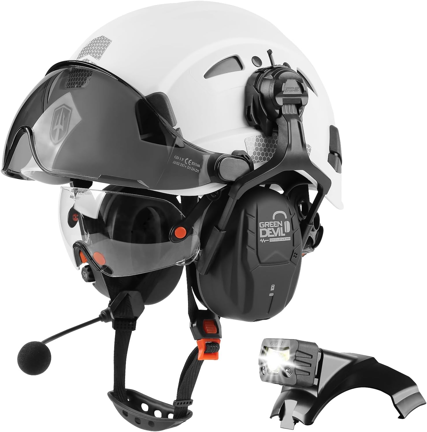 GREEN DEVIL Hard Hat Safety Helmet with Visor Bluetooth Ear Muffs and Headlamp 5 in 1 Full Protection Vented Work Hardhat ANSI Z89.1 Cascos De Construccion for Industrial Construction Forestry