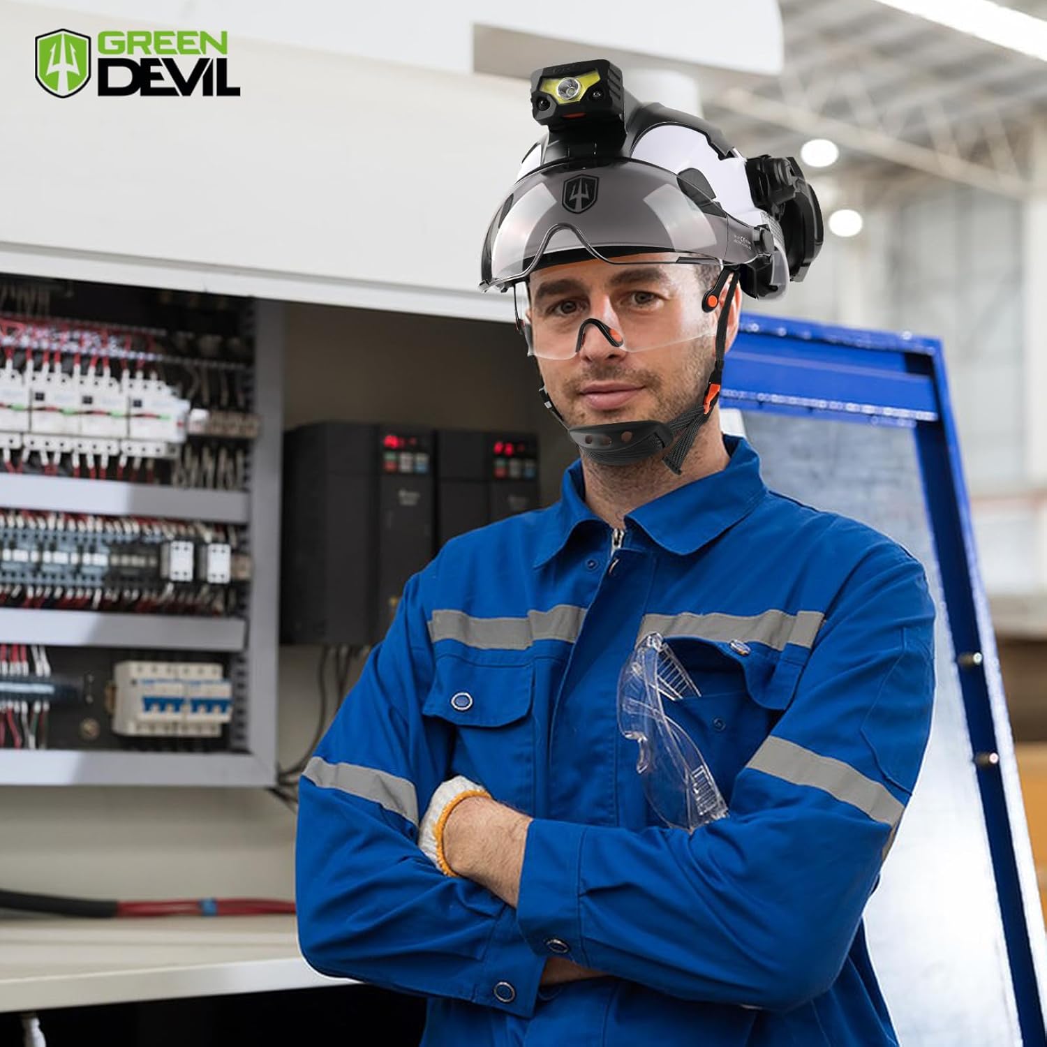 GREEN DEVIL Hard Hat Safety Helmet with Rechargeable Headlamp Light and Visor Ear Muffs Vented Work Hardhat ANSI Z89.1 Cascos De Construccion for Industrial Construction Forestry