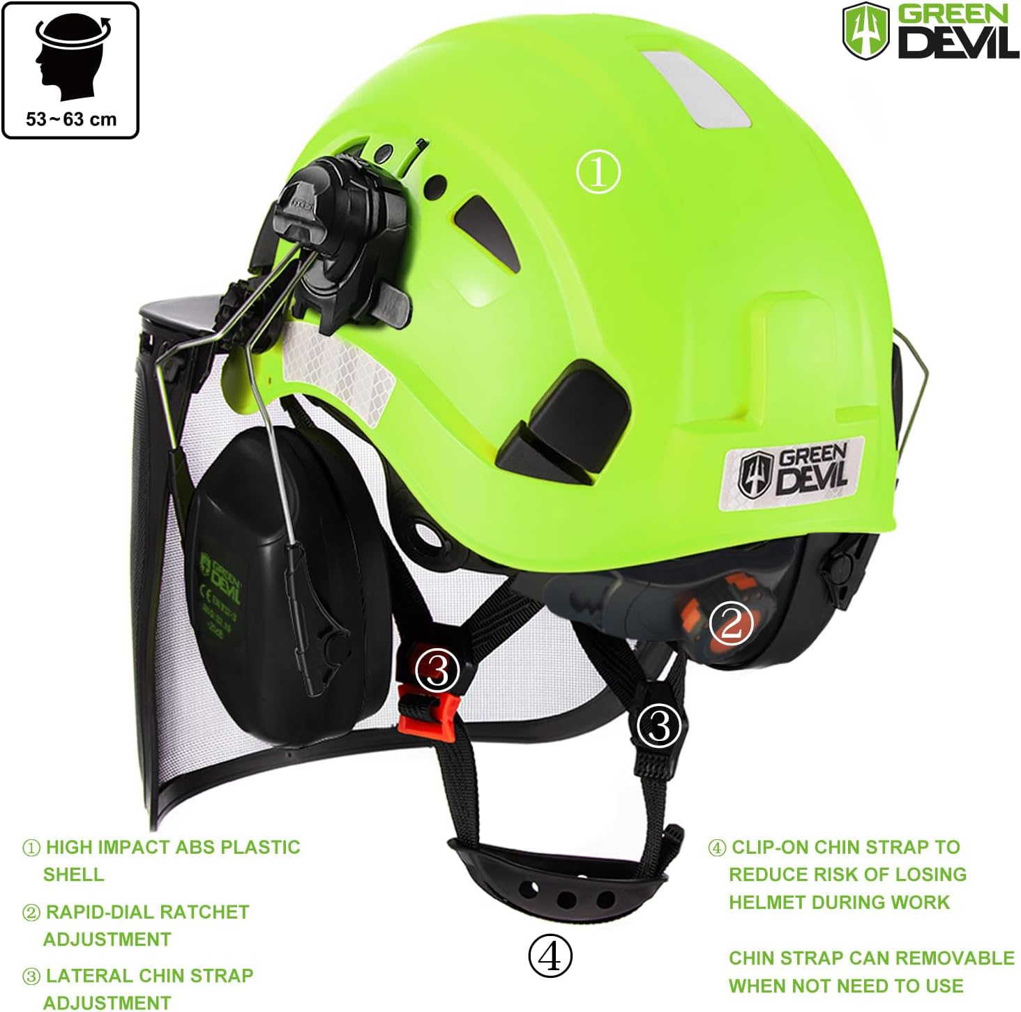 GREEN DEVIL Forestry Chainsaw Safety Helmet with Mesh Face Shield Built-in Visor and Earmuffs 5 in 1 System Vented Arborist Helmet ANSI Z89.1 Hard Hat Logging Garden Work Hardhats for Men Women