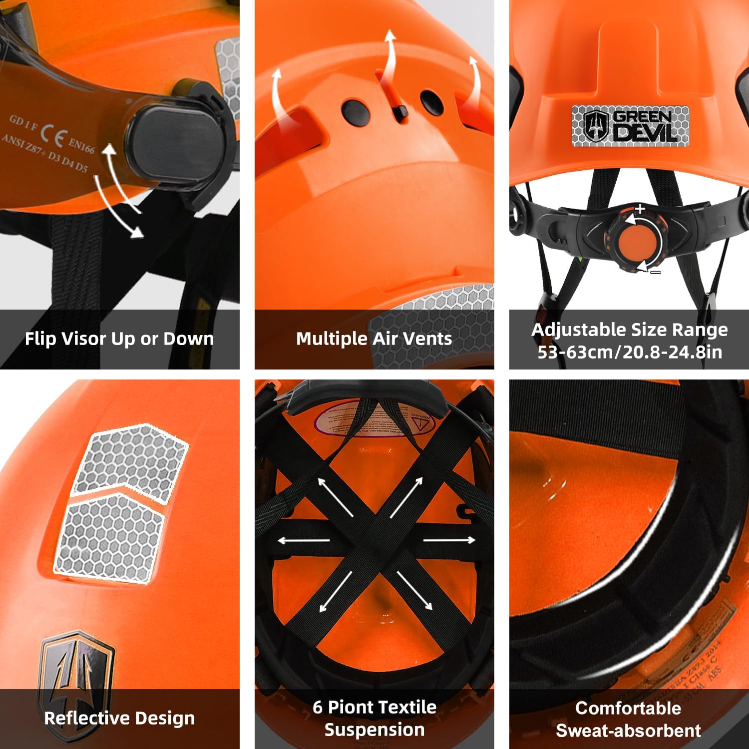 GREEN DEVIL Hard Hat Safety Helmet with Visor Bluetooth Ear Muffs and Headlamp 5 in 1 Full Protection Vented Work Hardhat ANSI Z89.1 Cascos De Construccion for Industrial Construction Forestry