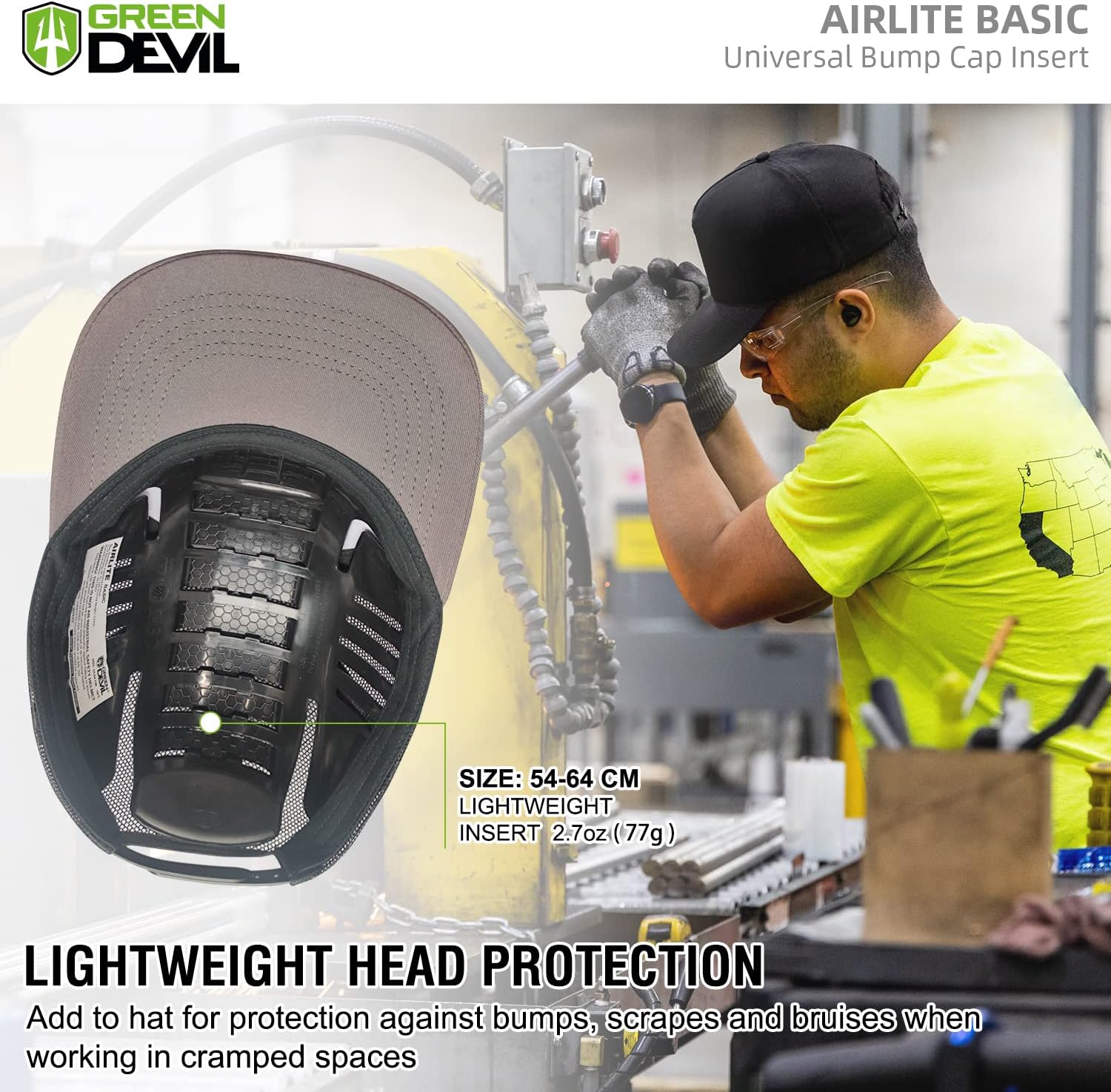 GREEN DEVIL Universal Bump Cap Insert for Baseball Caps Vented Lightweight Safety Bump Hat Insert for Men Women1Pack White