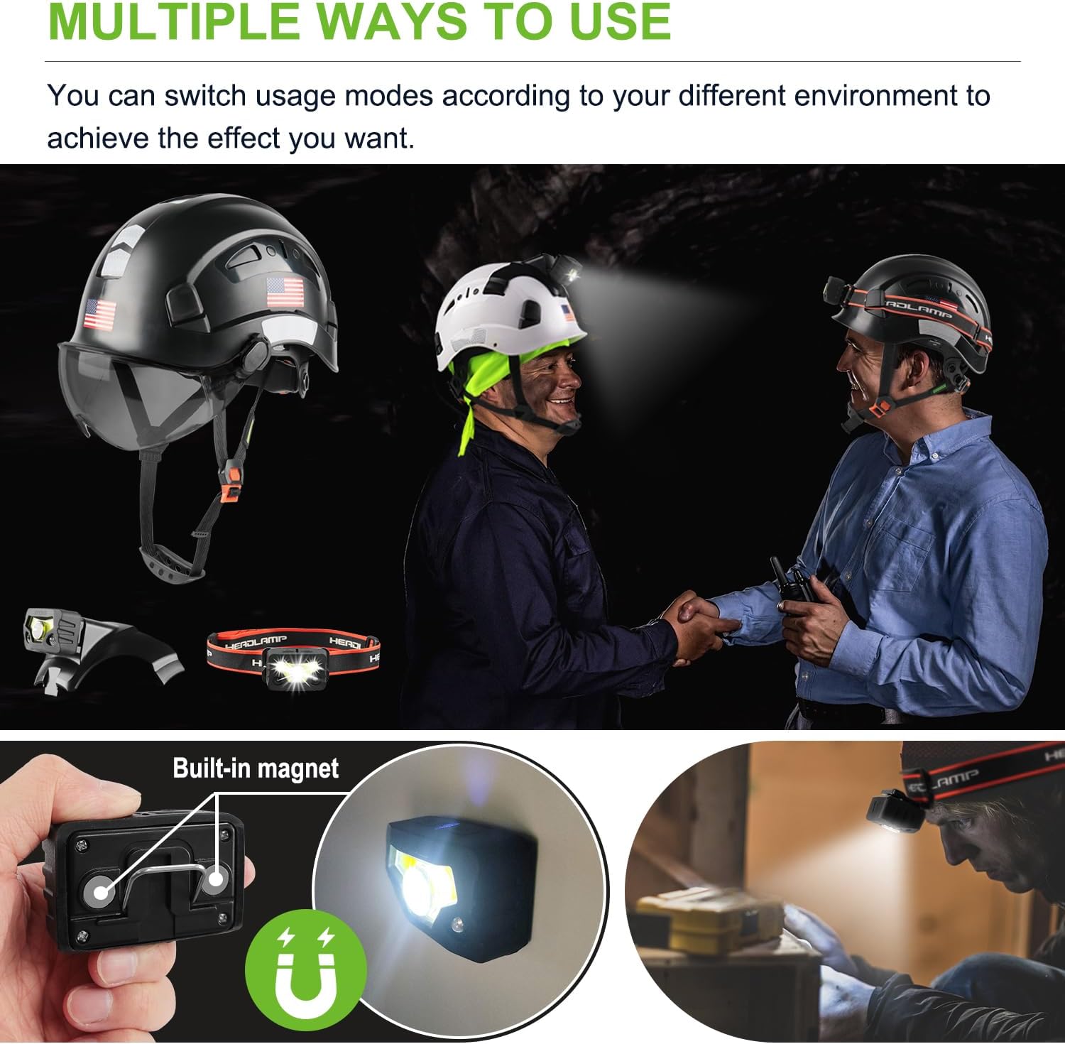 GREEN DEVIL Safety Hard Hat with Rechargeable Headlamp Light and Helmet Liner Chin Strap Men Vented Work Hardhats ANSI Z89.1 Approved Cascos de Construccion Ideal for Industrial Construction Forestry