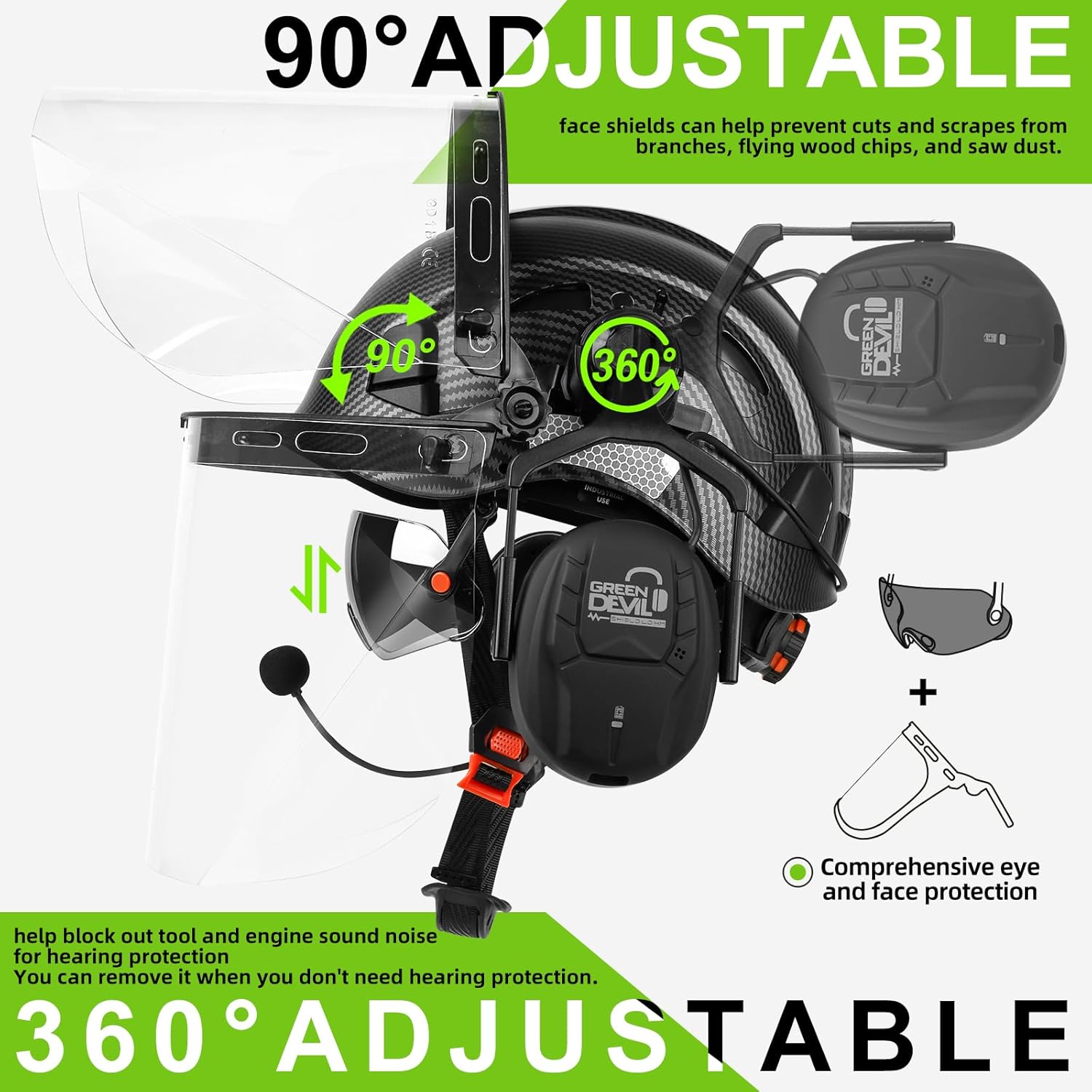 GREEN DEVIL Forestry Chainsaw Safety Helmet with Bluetooth Ear Muffs Arborist Helmet Hard Hat with Built-in Visor Face Shield 5 in 1 System Logging Garden Work Hardhats for Men Women