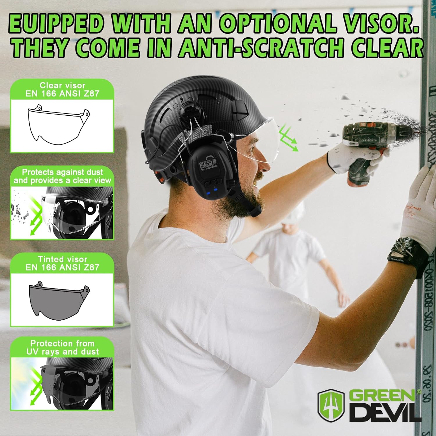GREEN DEVIL Safety Helmet Hard Hat with Visor and Bluettoth Ear Muffs Vented Work Helmet for Men and Women ANSI Z89.1 Approved Hardhat Ideal for Industrial & Construction
