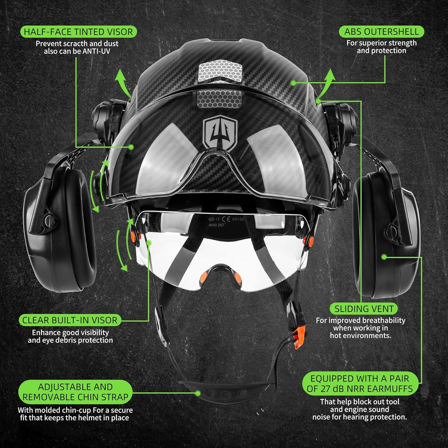 GREEN DEVIL Hard Hat Safety Helmet with Visor and Ear Muffs Men Women Vented Work Hardhat ANSI Z89.1 Cascos De Construccion for Industrial Construction Forestry