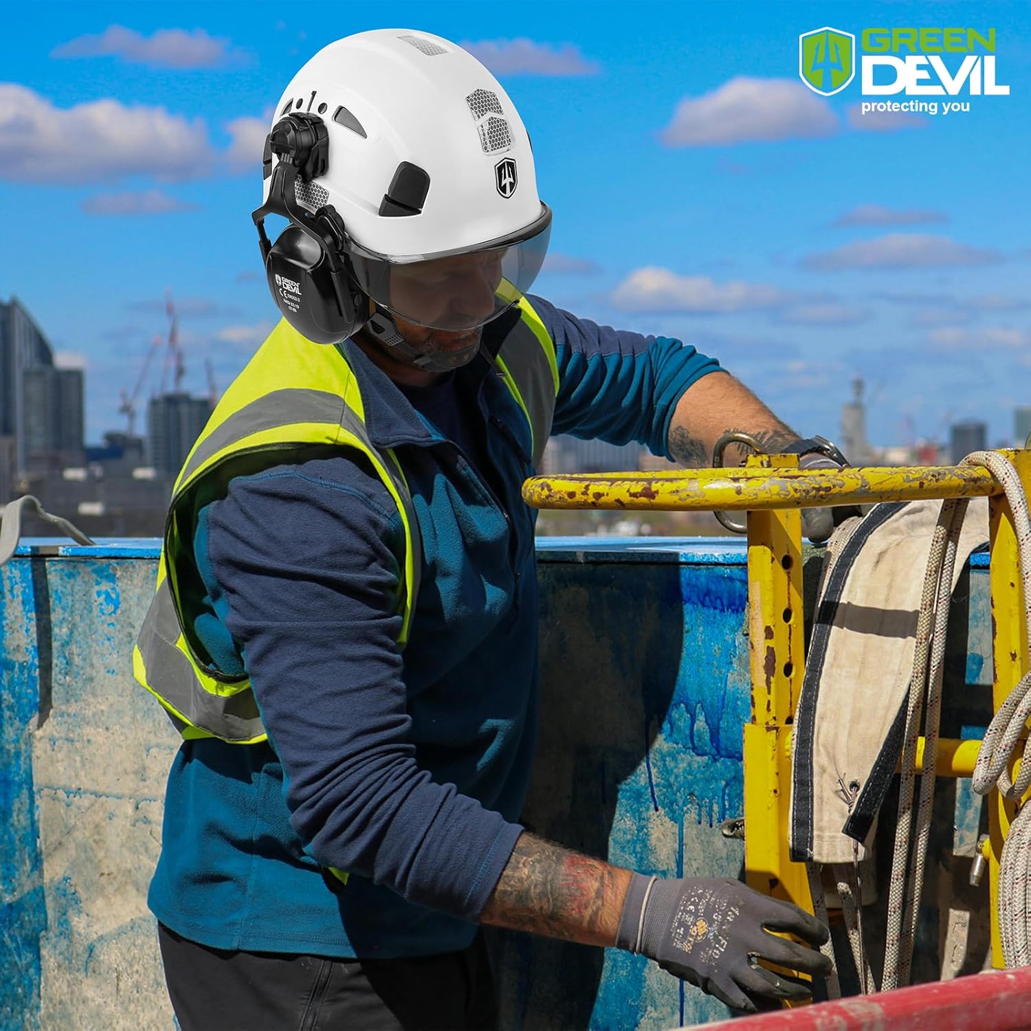 GREEN DEVIL Hard Hat Safety Helmet with Visor and Ear Muffs Men Women Vented Work Hardhat ANSI Z89.1 Cascos De Construccion for Industrial Construction Forestry