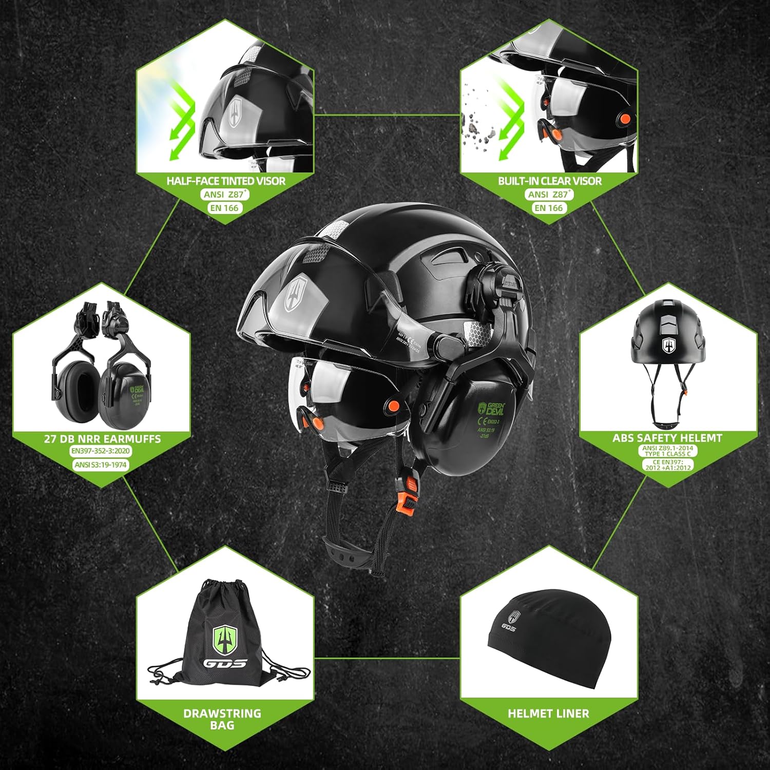 GREEN DEVIL Hard Hat Safety Helmet with Visor and Ear Muffs Men Women Vented Work Hardhat ANSI Z89.1 Cascos De Construccion for Industrial Construction Forestry