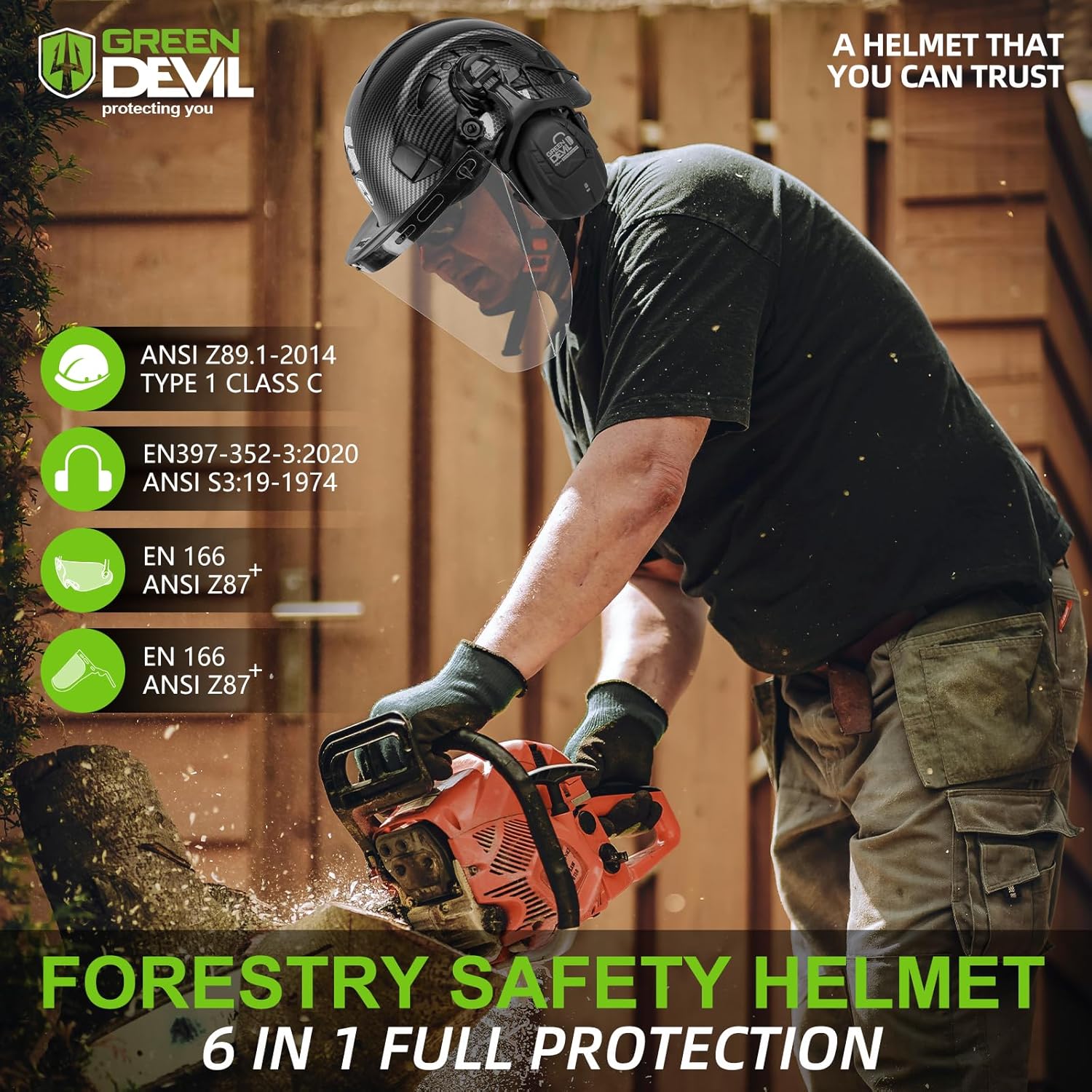 GREEN DEVIL Forestry Chainsaw Safety Helmet with Bluetooth Ear Muffs Arborist Helmet Hard Hat with Built-in Visor Face Shield 5 in 1 System Logging Garden Work Hardhats for Men Women