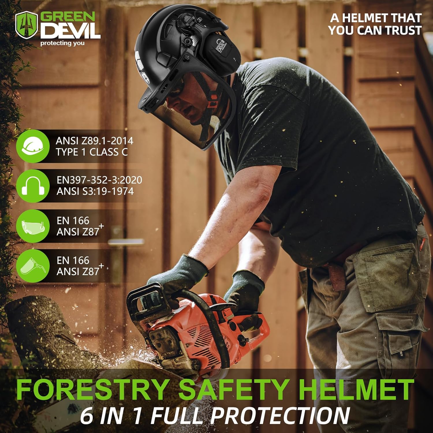 GREEN DEVIL Forestry Chainsaw Safety Helmet with Bluetooth Ear Muffs Arborist Helmet Hard Hat with Built-in Visor Face Shield 5 in 1 System Logging Garden Work Hardhats for Men Women