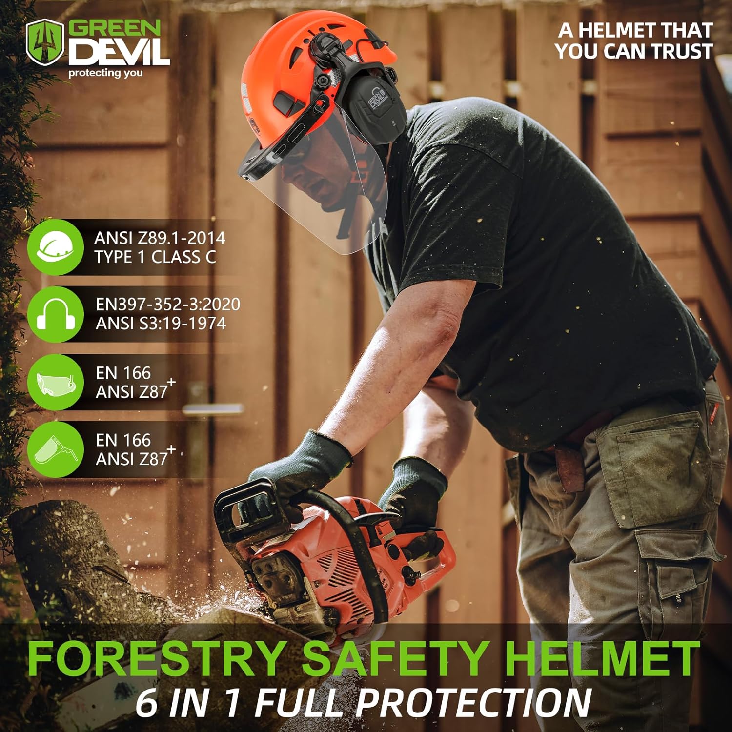 GREEN DEVIL Forestry Chainsaw Safety Helmet with Bluetooth Ear Muffs Arborist Helmet Hard Hat with Built-in Visor Face Shield 5 in 1 System Logging Garden Work Hardhats for Men Women