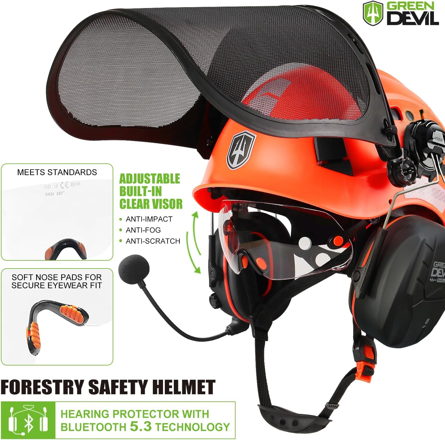 GREEN DEVIL Forestry Chainsaw Safety Helmet with Bluetooth Ear Muffs Arborist Helmet Hard Hat with Built-in Visor Mesh Face Shield 5 in 1 System Logging Garden Work Hardhats for Men Women