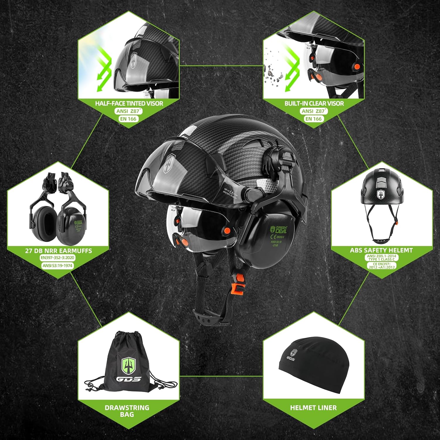 GREEN DEVIL Hard Hat Safety Helmet with Visor and Ear Muffs Men Women Vented Work Hardhat ANSI Z89.1 Cascos De Construccion for Industrial Construction Forestry
