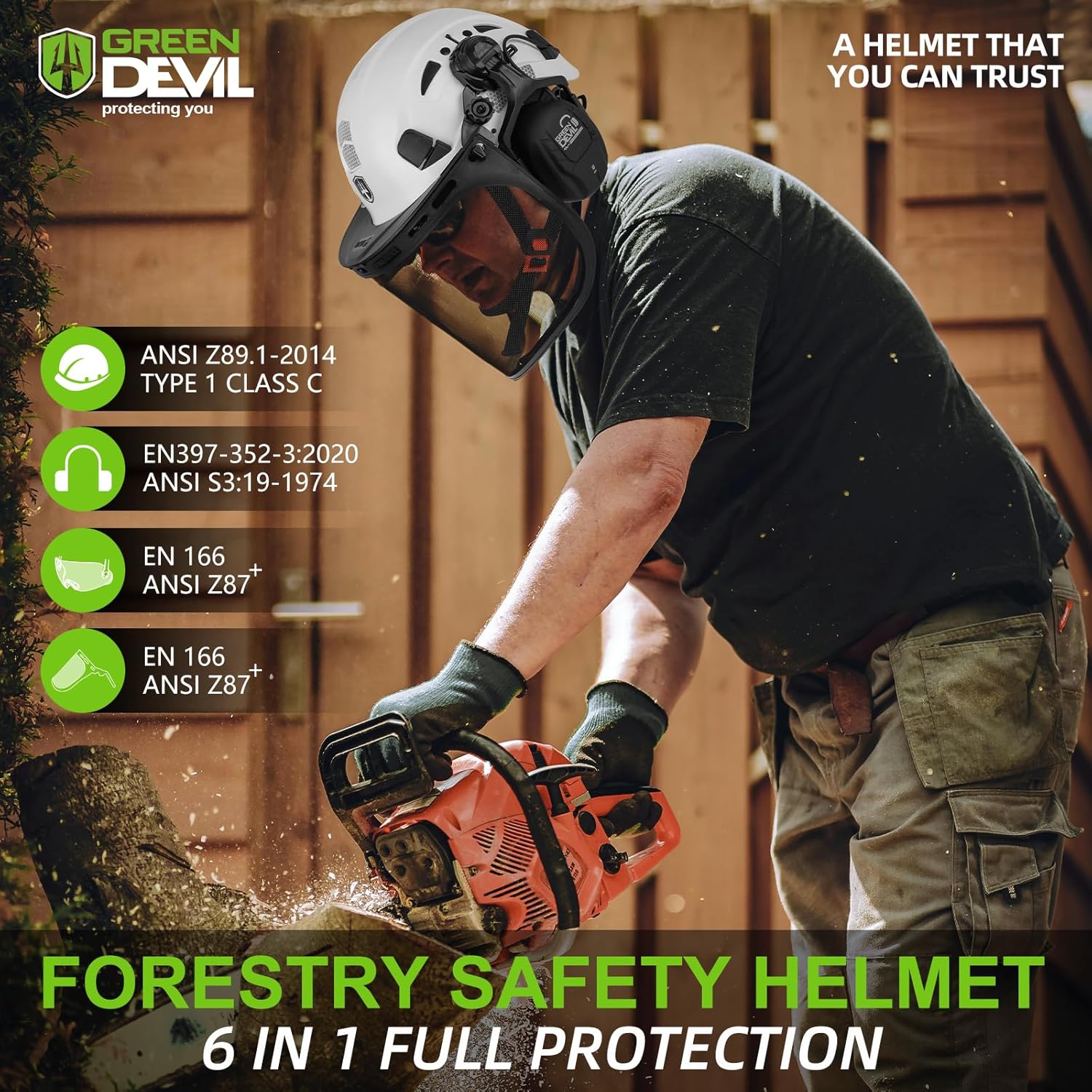GREEN DEVIL Forestry Chainsaw Safety Helmet with Bluetooth Ear Muffs Arborist Helmet Hard Hat with Built-in Visor Face Shield 5 in 1 System Logging Garden Work Hardhats for Men Women