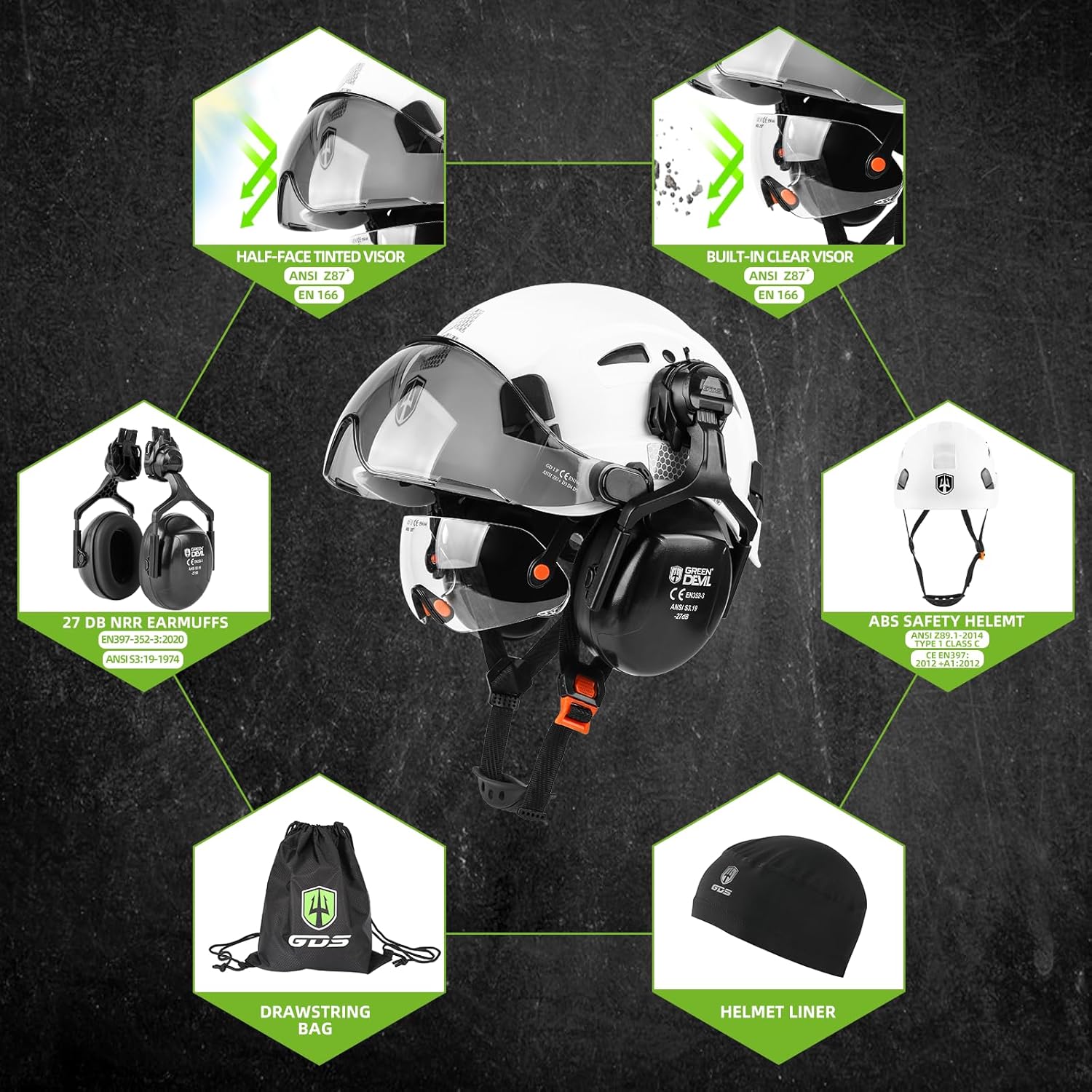 GREEN DEVIL Hard Hat Safety Helmet with Visor and Ear Muffs Men Women Vented Work Hardhat ANSI Z89.1 Cascos De Construccion for Industrial Construction Forestry