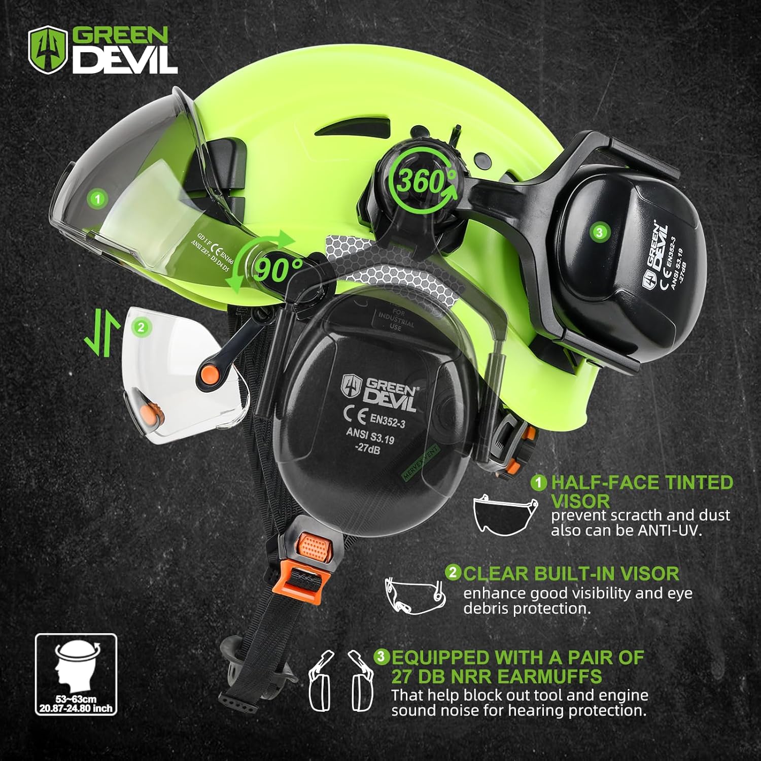 GREEN DEVIL Hard Hat Safety Helmet with Visor and Ear Muffs Men Women Vented Work Hardhat ANSI Z89.1 Cascos De Construccion for Industrial Construction Forestry