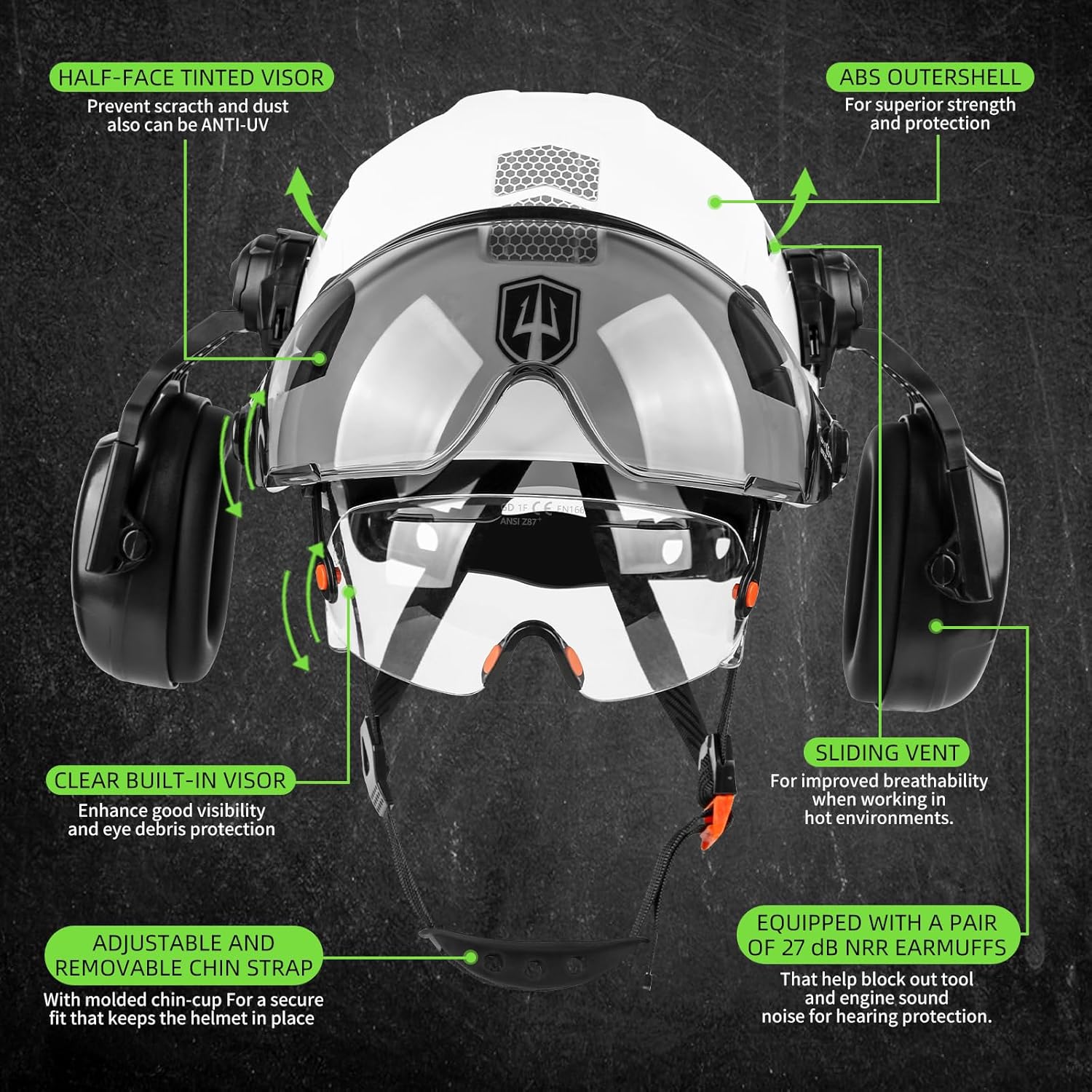 GREEN DEVIL Hard Hat Safety Helmet with Visor and Ear Muffs Men Women Vented Work Hardhat ANSI Z89.1 Cascos De Construccion for Industrial Construction Forestry