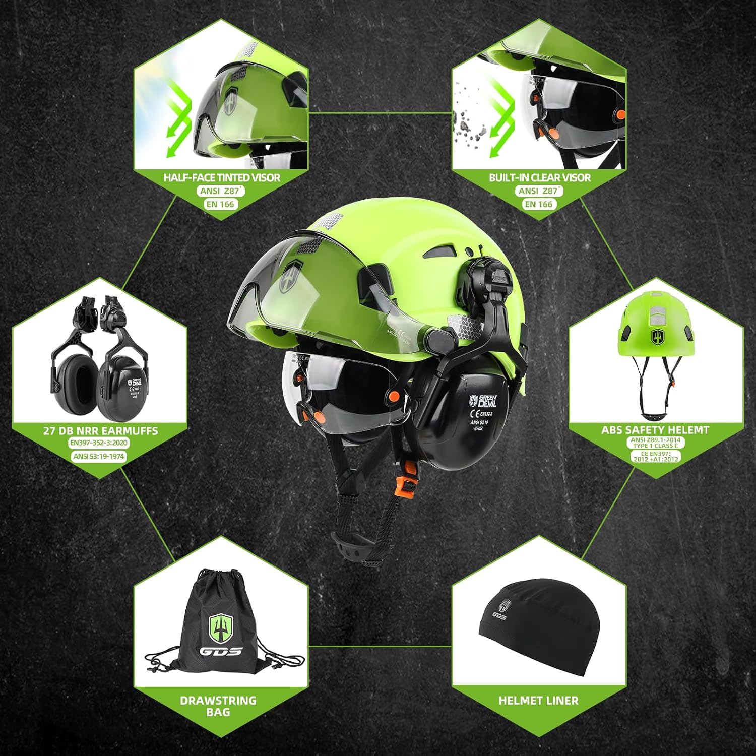GREEN DEVIL Hard Hat Safety Helmet with Visor and Ear Muffs Men Women Vented Work Hardhat ANSI Z89.1 Cascos De Construccion for Industrial Construction Forestry