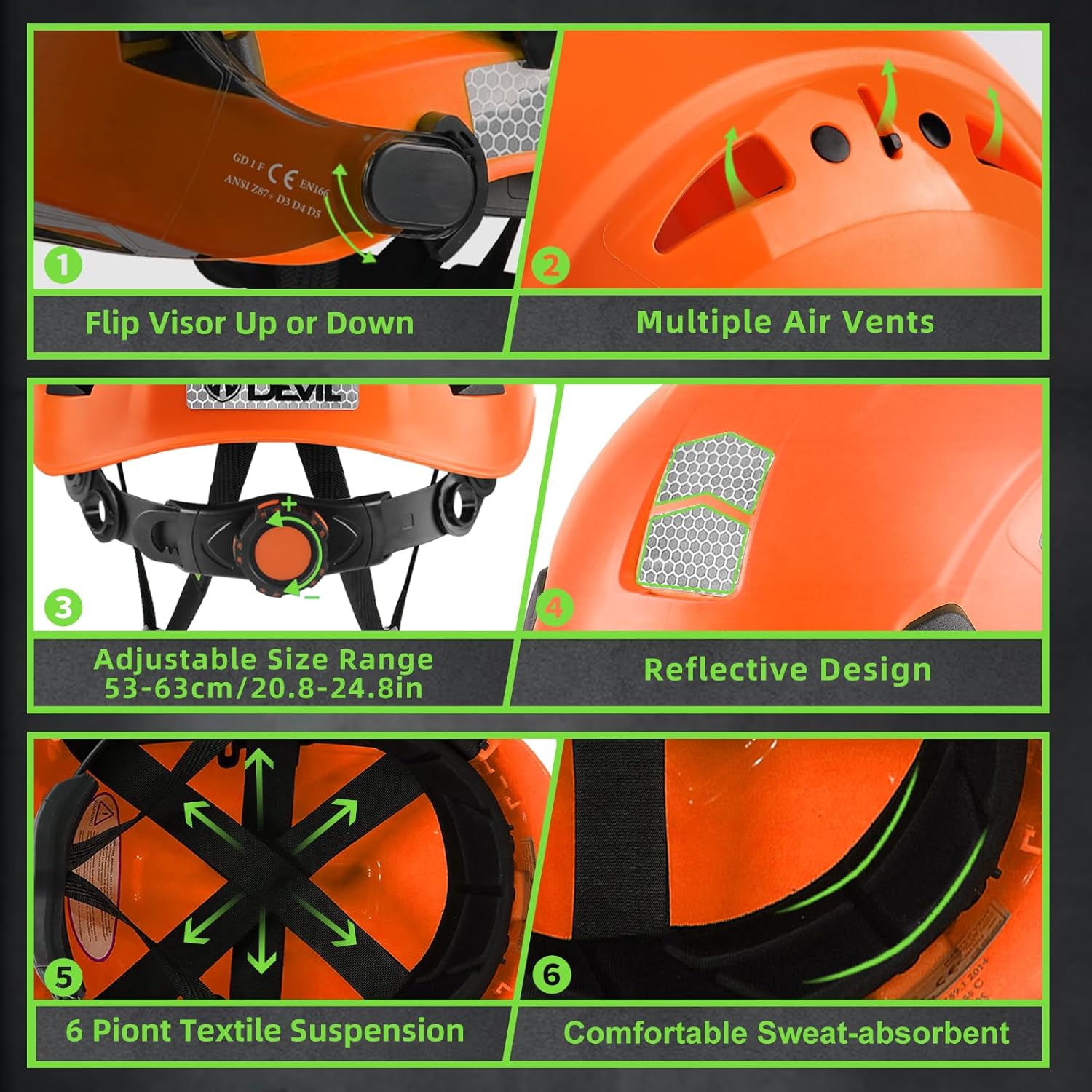 GREEN DEVIL Hard Hat Safety Helmet with Rechargeable Headlamp Light and Visor Ear Muffs Vented Work Hardhat ANSI Z89.1 Cascos De Construccion for Industrial Construction Forestry