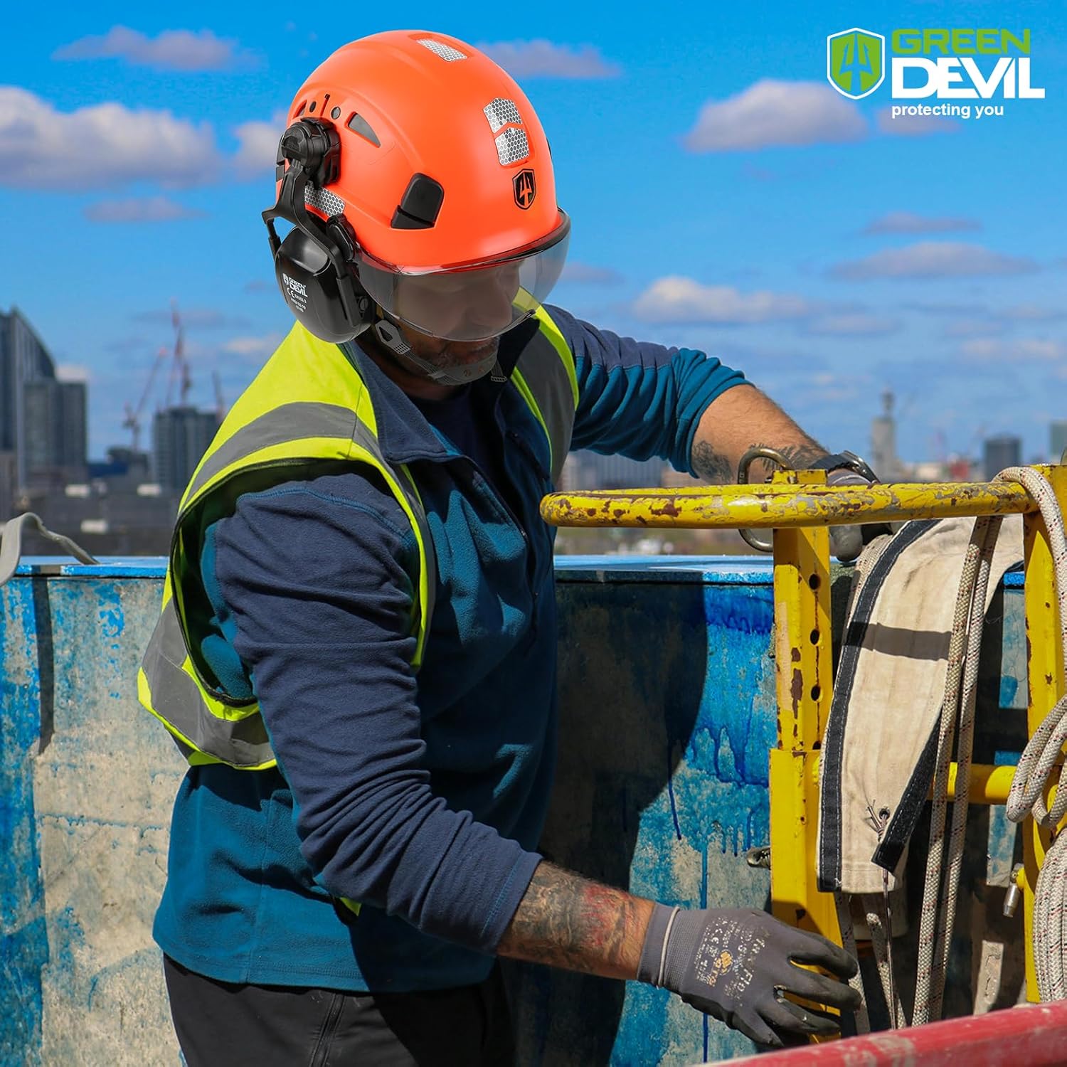 GREEN DEVIL Hard Hat Safety Helmet with Visor and Ear Muffs Men Women Vented Work Hardhat ANSI Z89.1 Cascos De Construccion for Industrial Construction Forestry