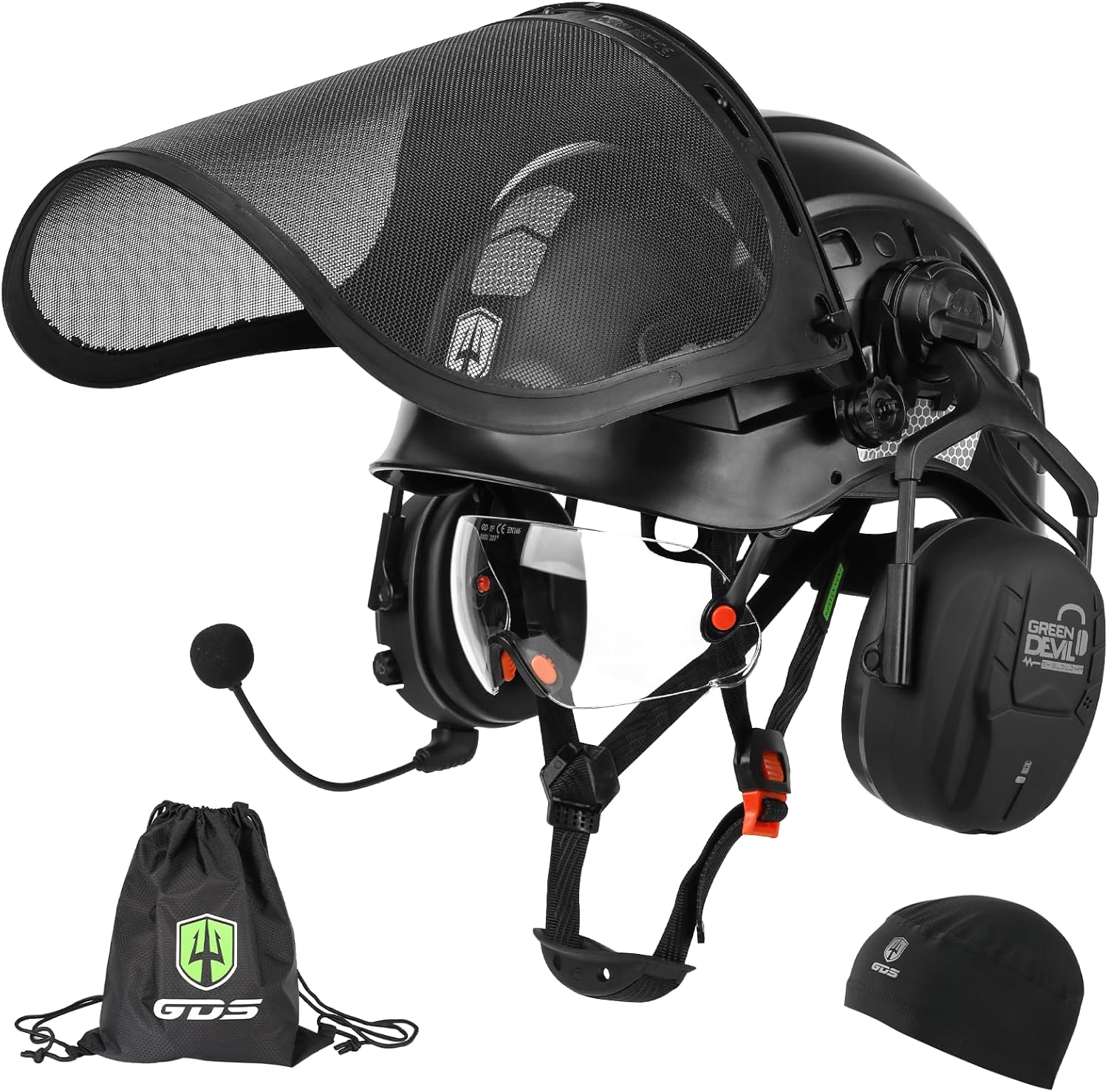 GREEN DEVIL Forestry Chainsaw Safety Helmet with Bluetooth Ear Muffs Arborist Helmet Hard Hat with Built-in Visor Face Shield 5 in 1 System Logging Garden Work Hardhats for Men Women