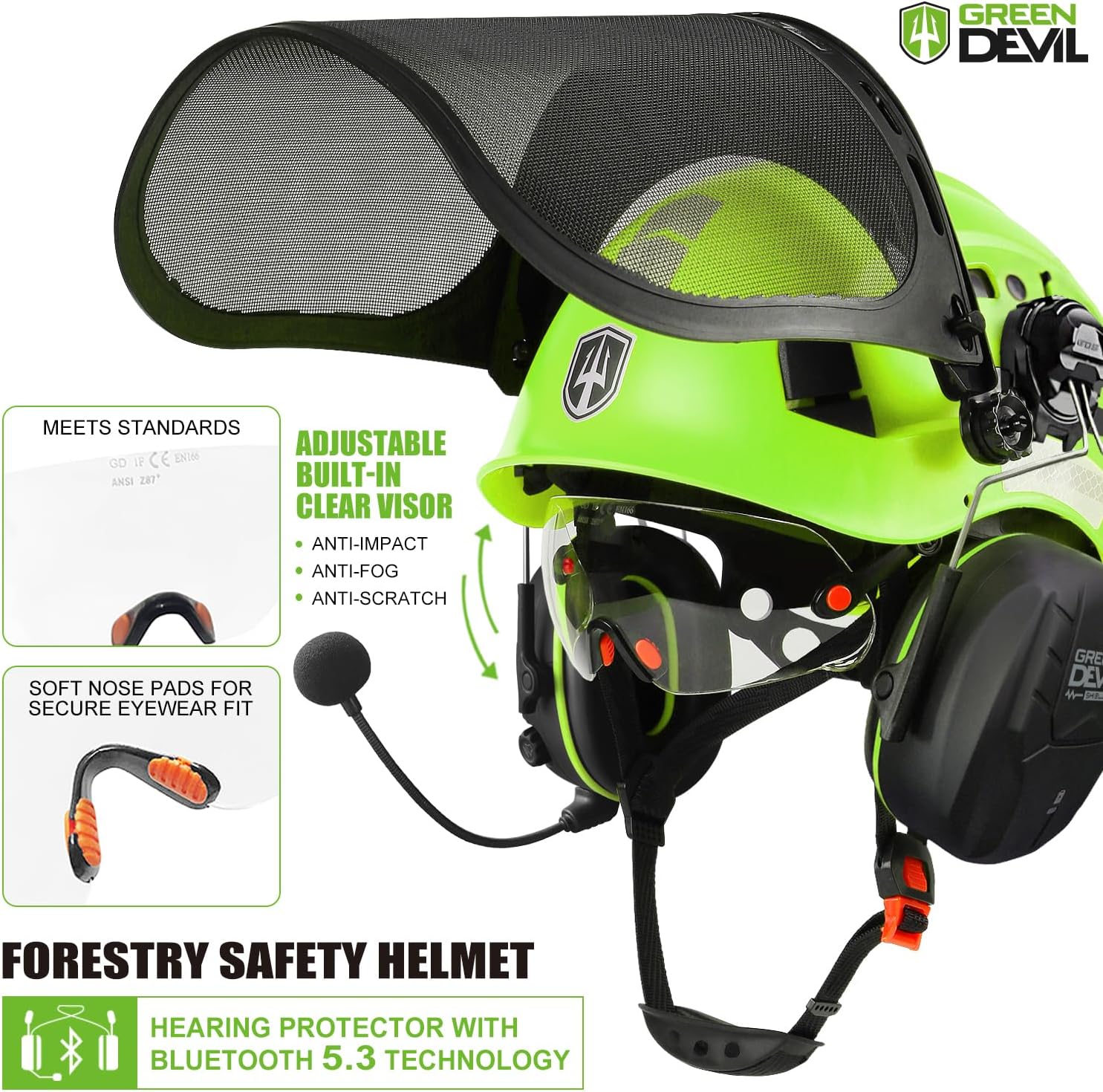 GREEN DEVIL Forestry Chainsaw Safety Helmet with Bluetooth Ear Muffs Arborist Helmet Hard Hat with Built-in Visor Mesh Face Shield 5 in 1 System Logging Garden Work Hardhats for Men Women