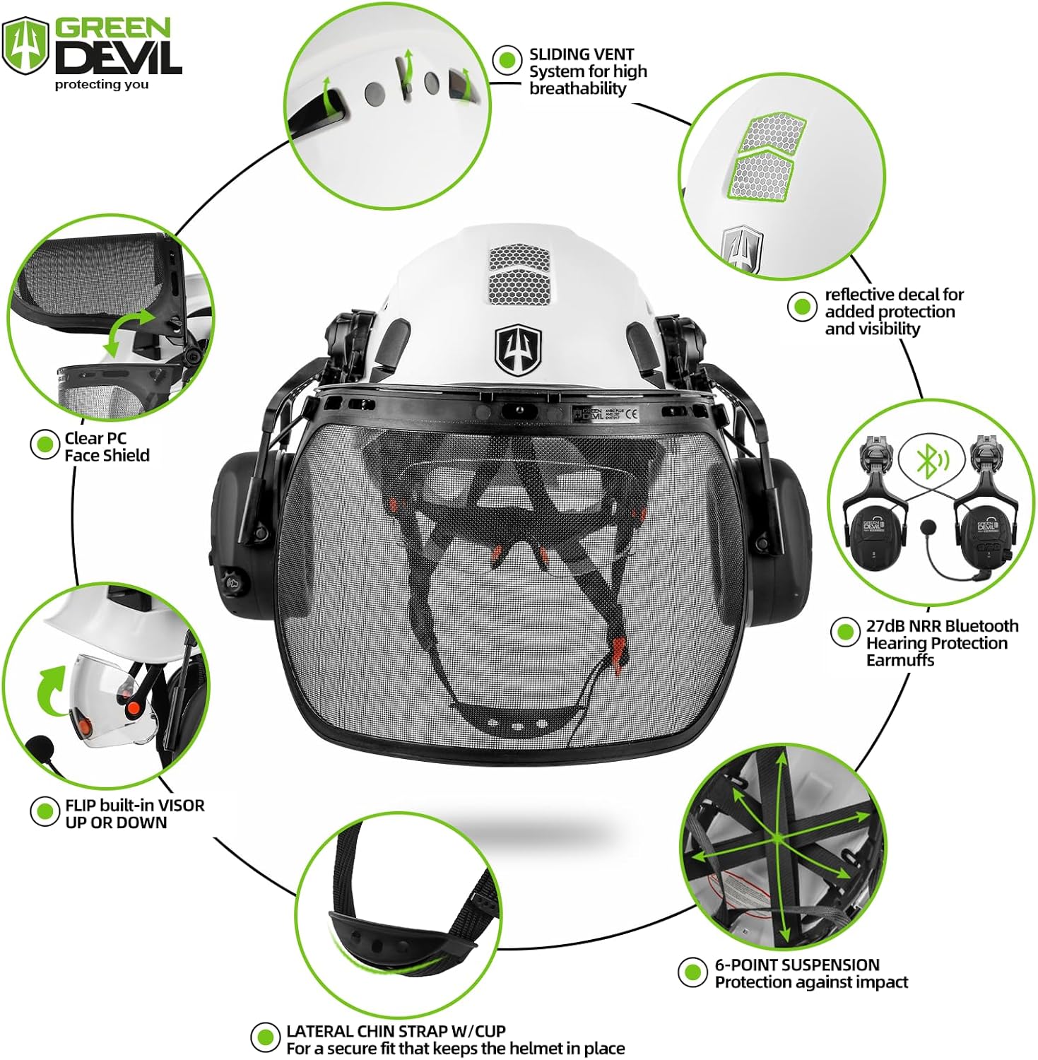 GREEN DEVIL Forestry Chainsaw Safety Helmet with Bluetooth Ear Muffs Arborist Helmet Hard Hat with Built-in Visor Face Shield 5 in 1 System Logging Garden Work Hardhats for Men Women