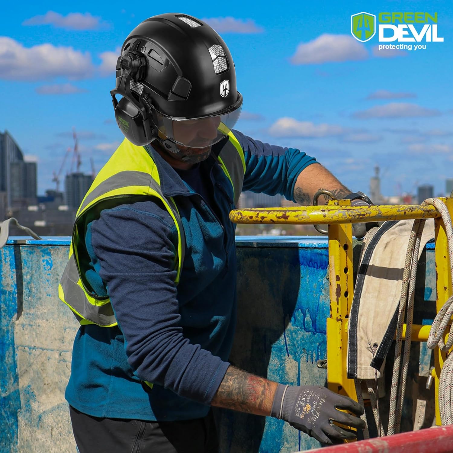 GREEN DEVIL Hard Hat Safety Helmet with Visor and Ear Muffs Men Women Vented Work Hardhat ANSI Z89.1 Cascos De Construccion for Industrial Construction Forestry