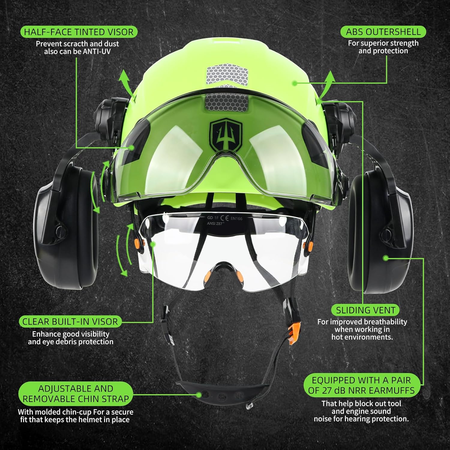 GREEN DEVIL Hard Hat Safety Helmet with Visor and Ear Muffs Men Women Vented Work Hardhat ANSI Z89.1 Cascos De Construccion for Industrial Construction Forestry