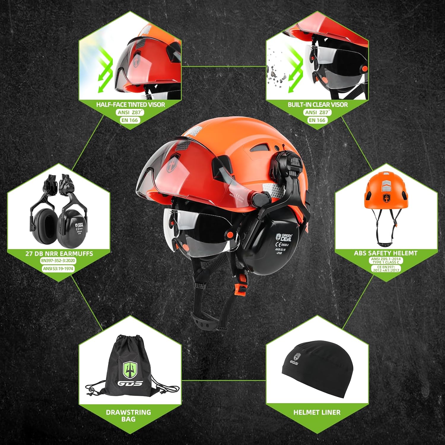 GREEN DEVIL Hard Hat Safety Helmet with Visor and Ear Muffs Men Women Vented Work Hardhat ANSI Z89.1 Cascos De Construccion for Industrial Construction Forestry
