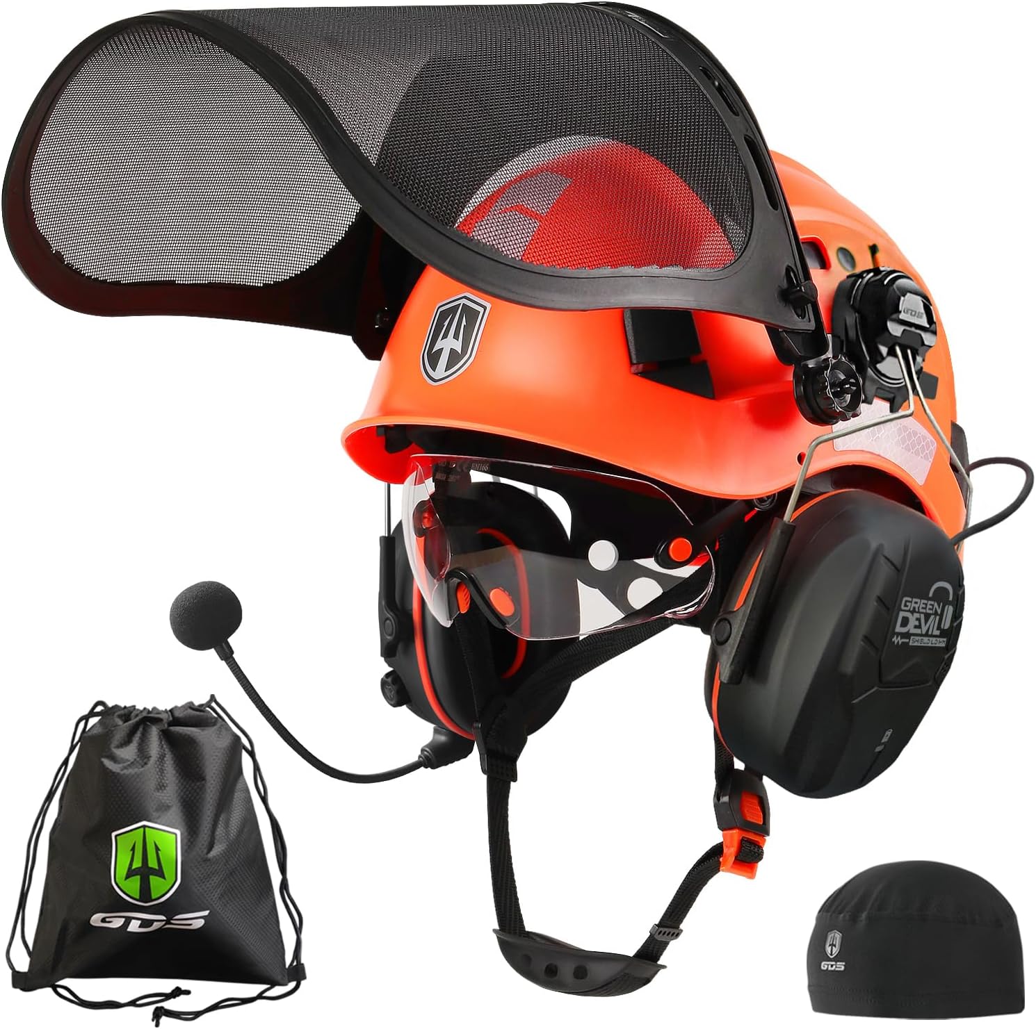 GREEN DEVIL Forestry Chainsaw Safety Helmet with Bluetooth Ear Muffs Arborist Helmet Hard Hat with Built-in Visor Mesh Face Shield 5 in 1 System