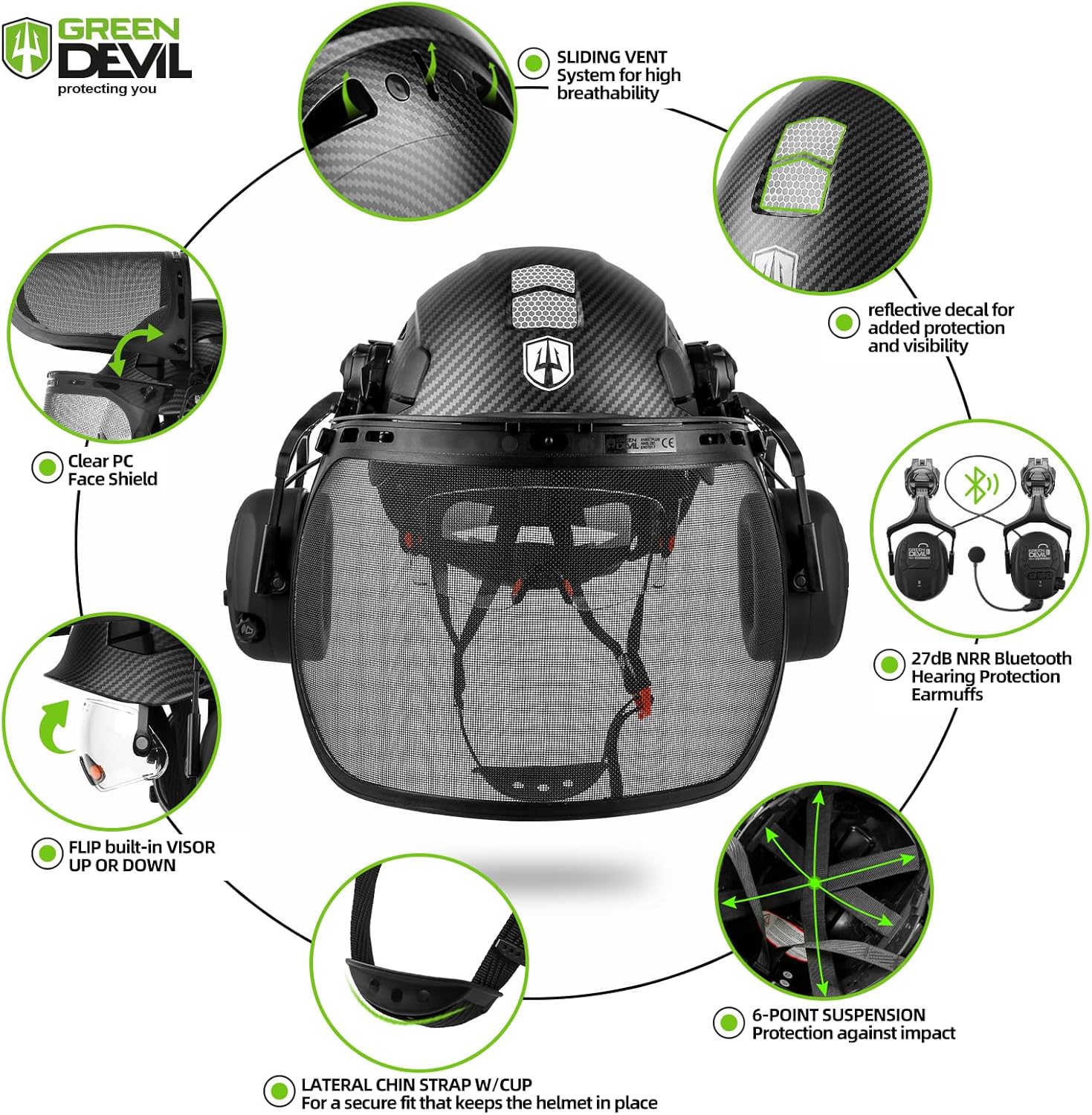 GREEN DEVIL Forestry Chainsaw Safety Helmet with Bluetooth Ear Muffs Arborist Helmet Hard Hat with Built-in Visor Face Shield 5 in 1 System Logging Garden Work Hardhats for Men Women