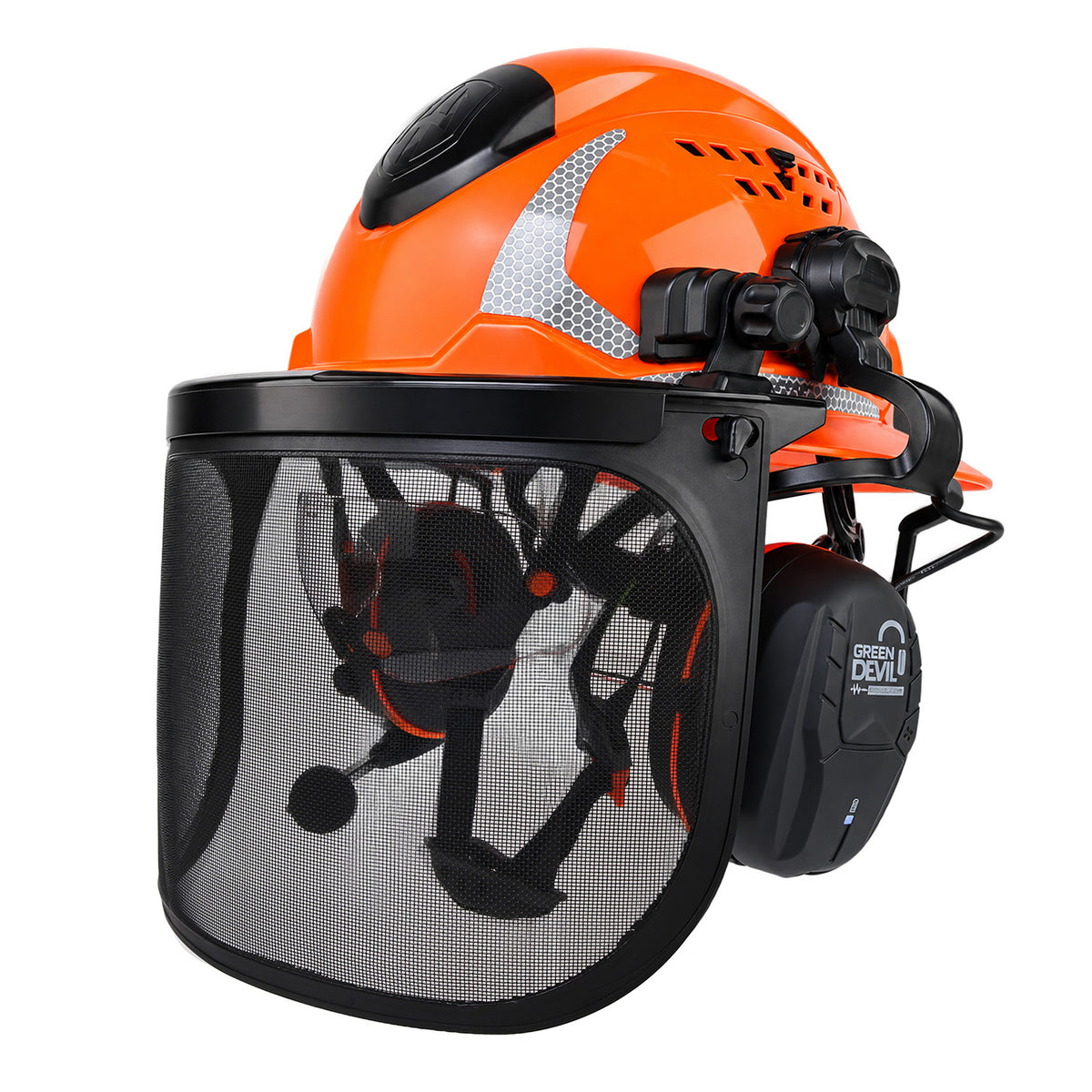 GREEN DEVIL Full Brim Chainsaw Helmet with Face Shield,Bluetooth Ear Muffs,Built in Visor-4 in 1 Forestry Hard Hat System ANSI Z89.1 Adjustable Arborist Work Headgear
