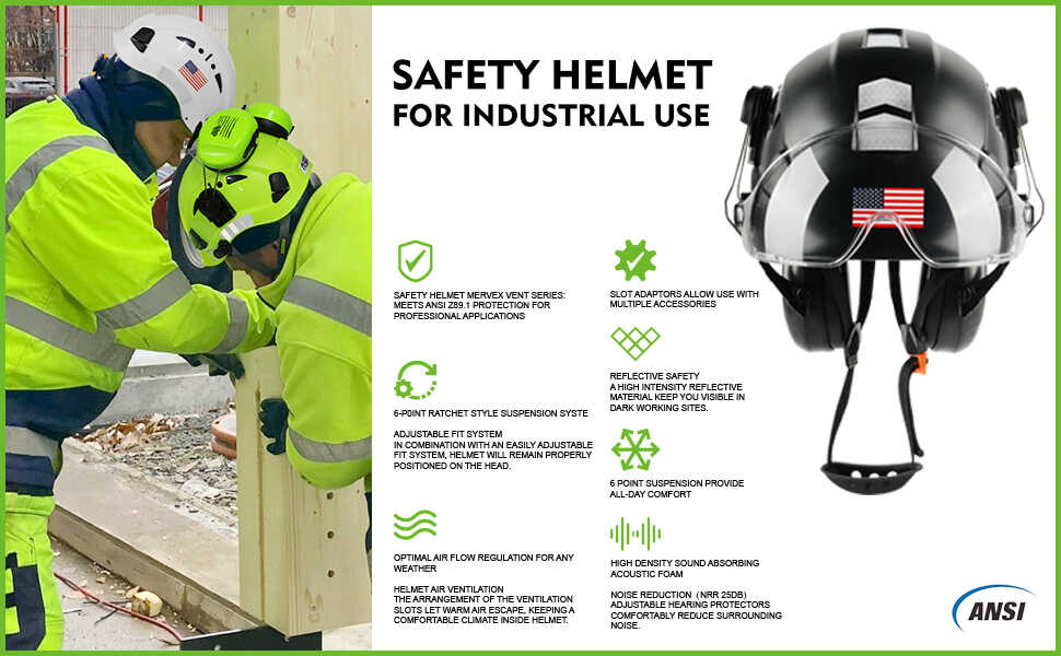 GREEN DEVIL Black Color Safety Helmet Hard Hat With Visor And Ear Protection ANSI Z89.1 Approved