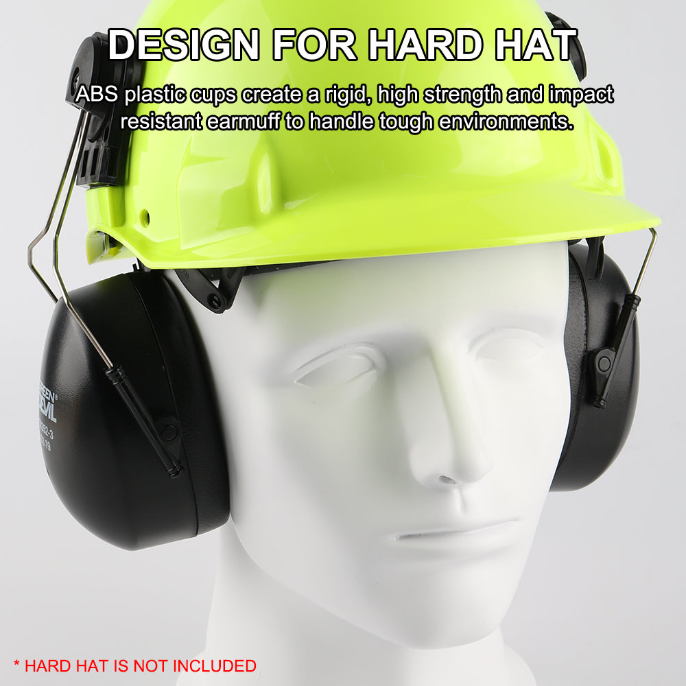 Design for hard hat.ABS plastic cups creat a rigid,high strengh and impact resistant earmuff to handle tough environment