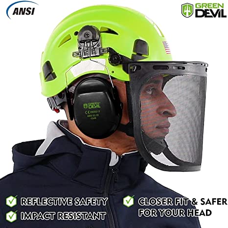 GREEN DEVIL Forestry Safety Helmet Green Color Chainsaw Helmet with Mesh face Shield and Ear Muffs 3 in 1 Protection System