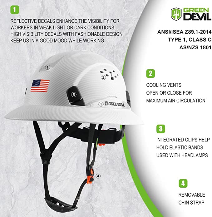 GREEN DEVIL Full Brim White Color Hard Hat Safety Helmet OSHA Approved