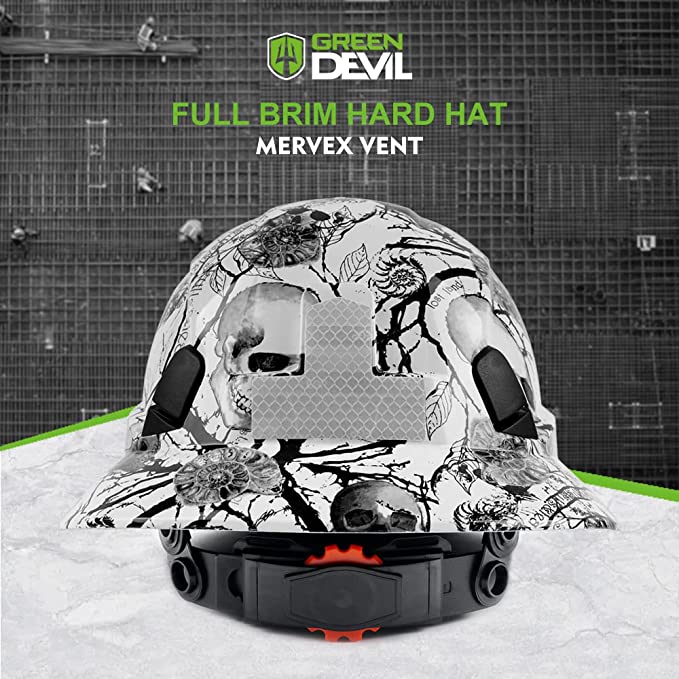 GREEN DEVIL Full Brim Skeleton Pattern Hard Hat Safety Helmet OSHA Approved