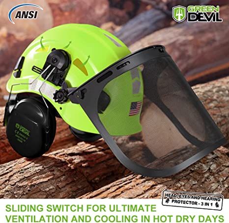 GREEN DEVIL Forestry Safety Helmet Green Color Chainsaw Helmet with Mesh face Shield and Ear Muffs 3 in 1 Protection System