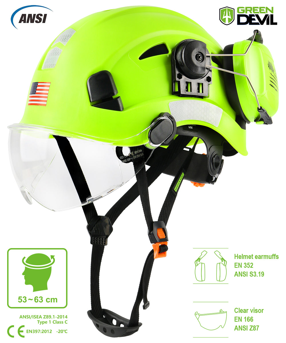 GREEN DEVIL Green Color Safety Helmet Hard Hat With Visor And Ear Protection ANSI Z89.1 Approved