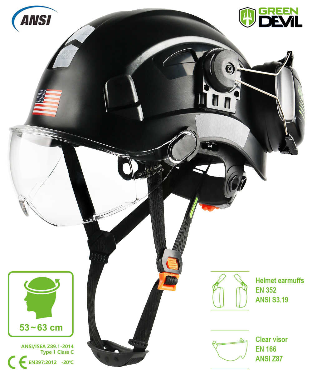 GREEN DEVIL Black Color Safety Helmet Hard Hat With Visor And Ear Protection ANSI Z89.1 Approved