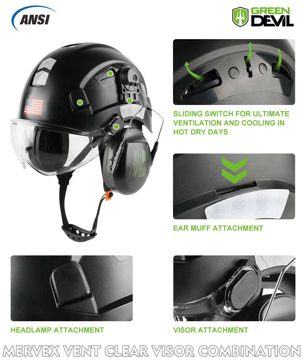 GREEN DEVIL Black Color Safety Helmet Hard Hat With Visor And Ear Protection ANSI Z89.1 Approved