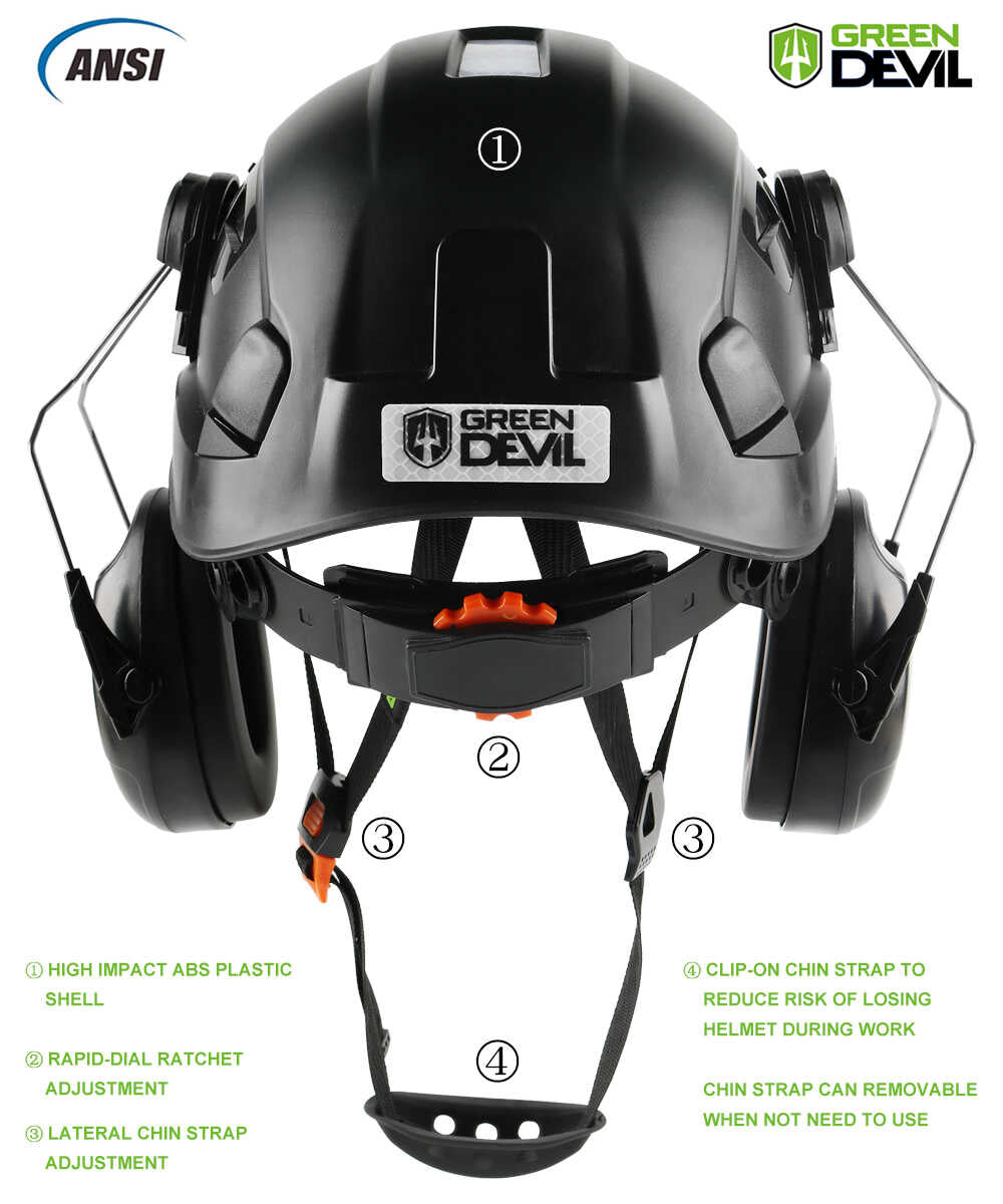 GREEN DEVIL Black Color Safety Helmet Hard Hat With Visor And Ear Protection ANSI Z89.1 Approved