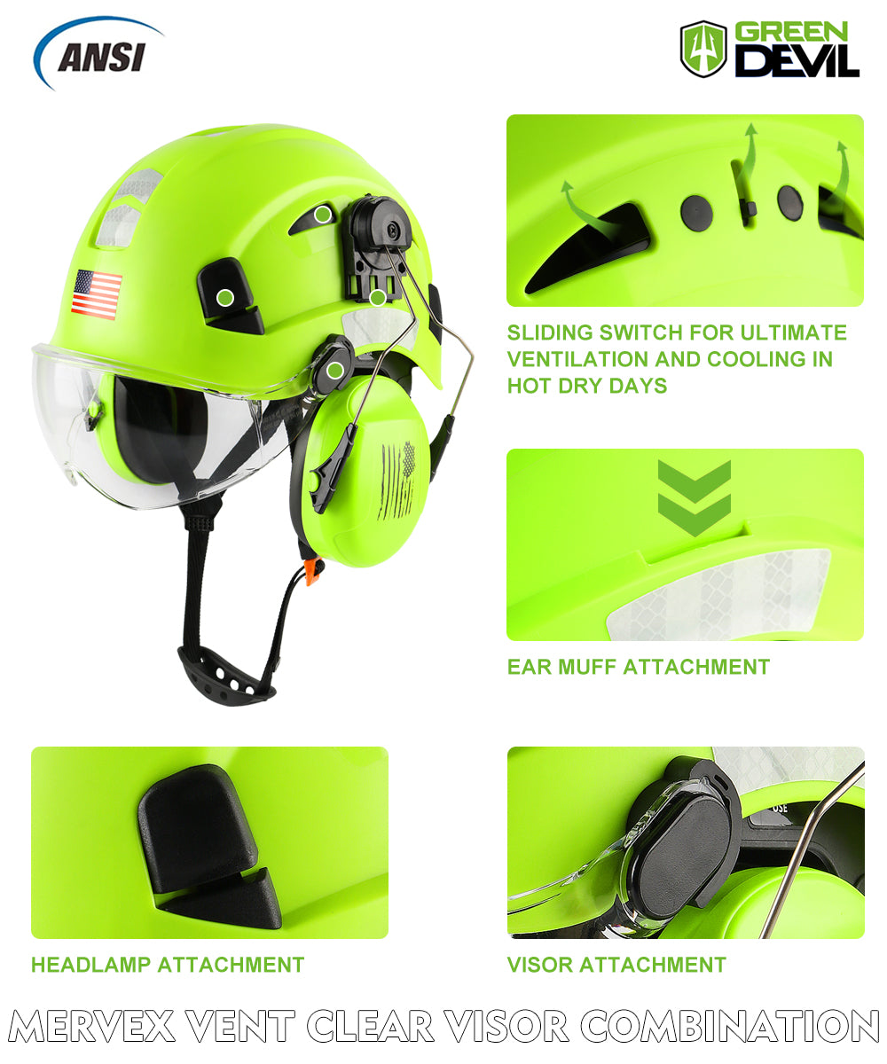 GREEN DEVIL Green Color Safety Helmet Hard Hat With Visor And Ear Protection ANSI Z89.1 Approved